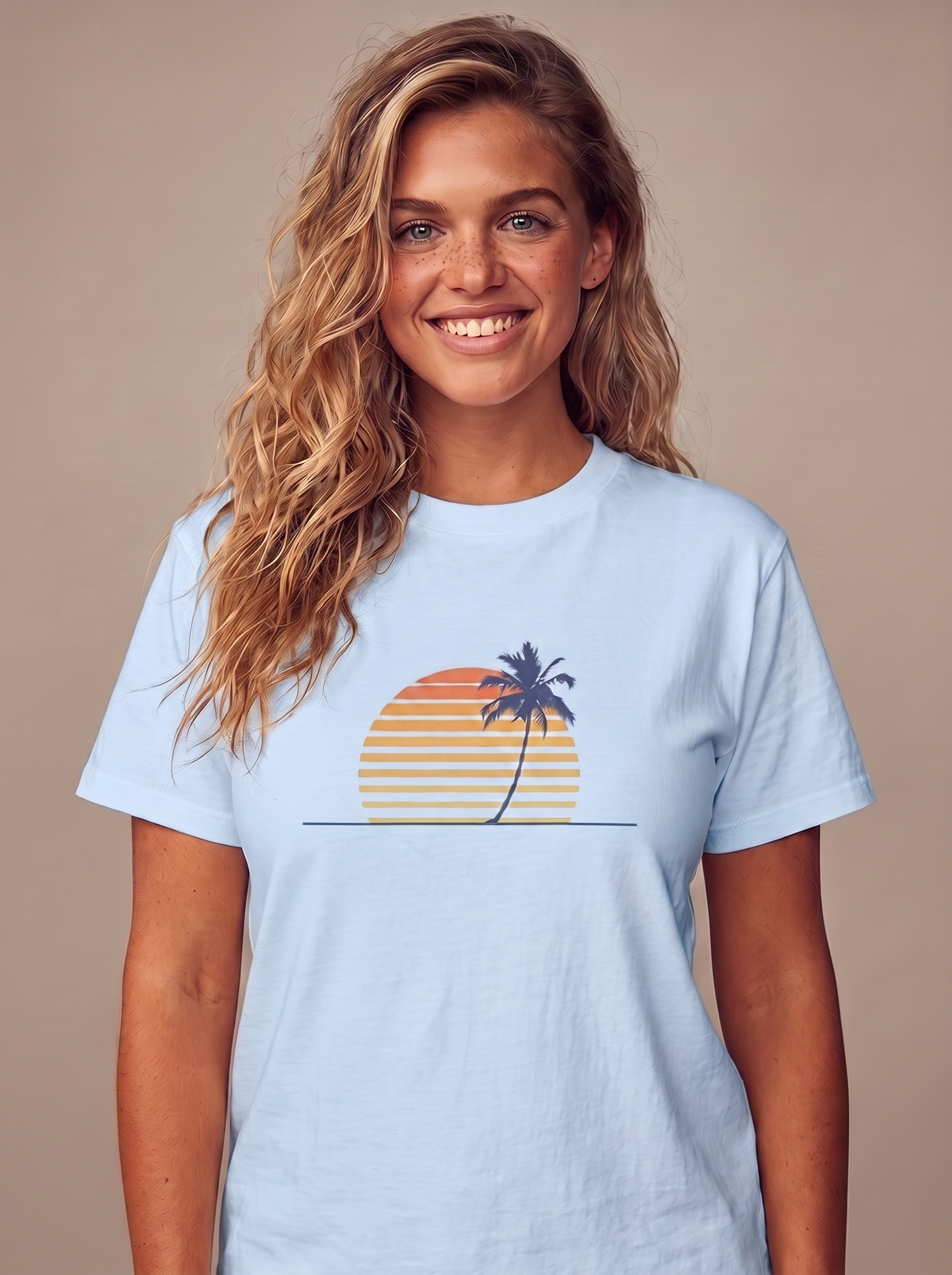 Retro Palm Minimalist tee in Carolina Blue, clean single palm over a striped retro sunset
