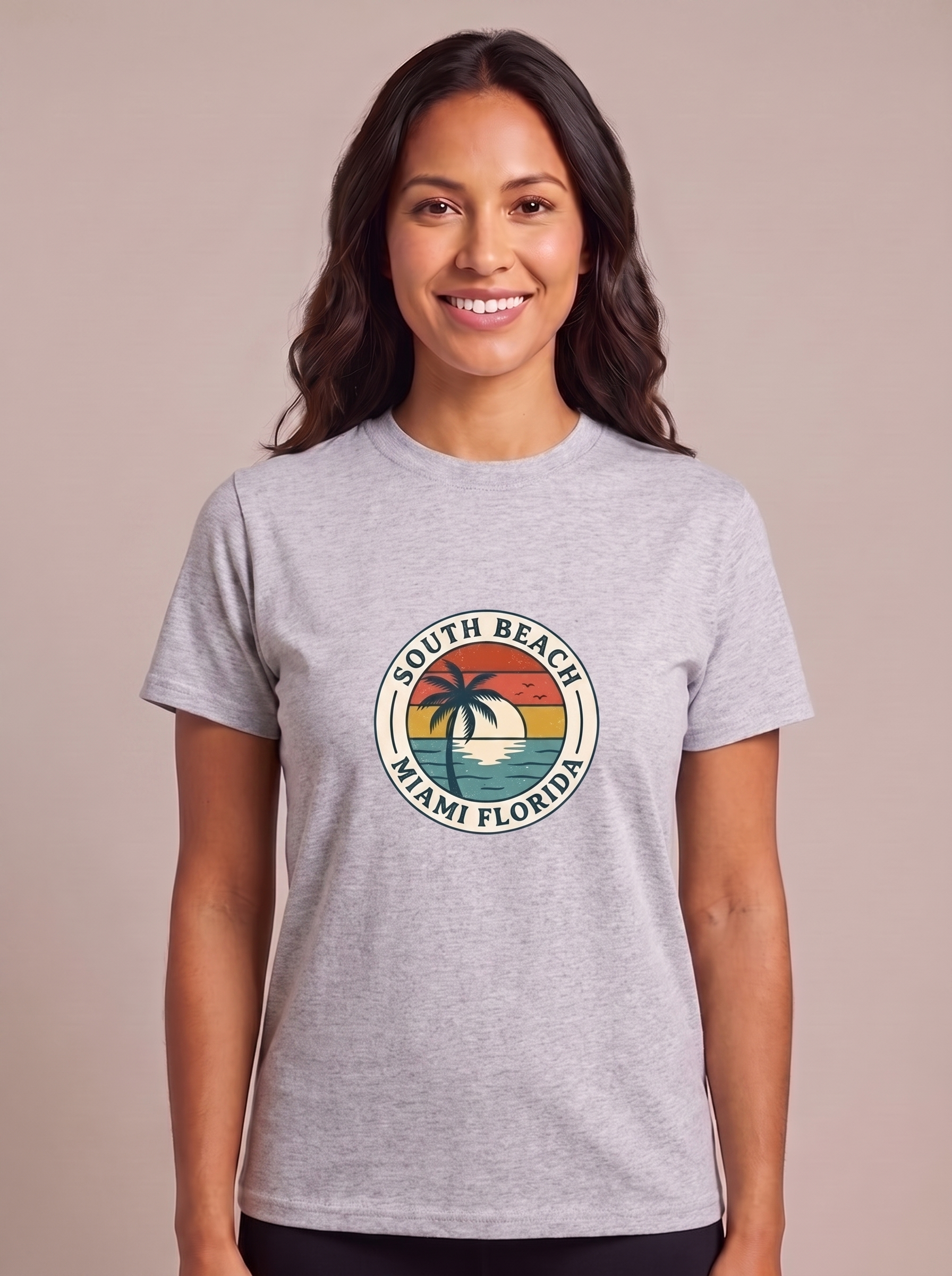 South Beach Miami retro tee in Sport Grey, round SOUTH BEACH MIAMI FLORIDA travel badge with palm and sunset