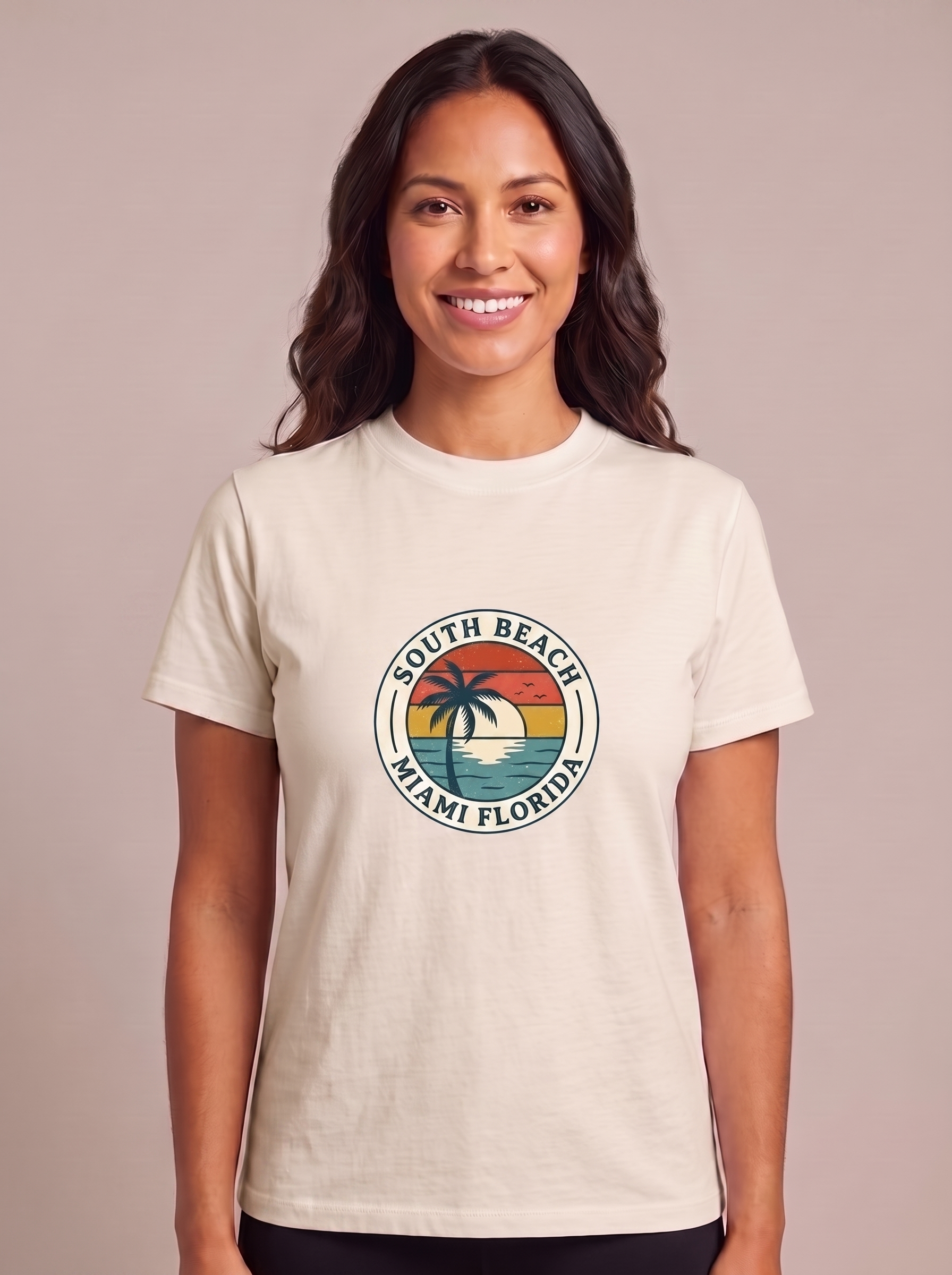 South Beach Miami retro tee in Natural cream, round SOUTH BEACH MIAMI FLORIDA travel badge
