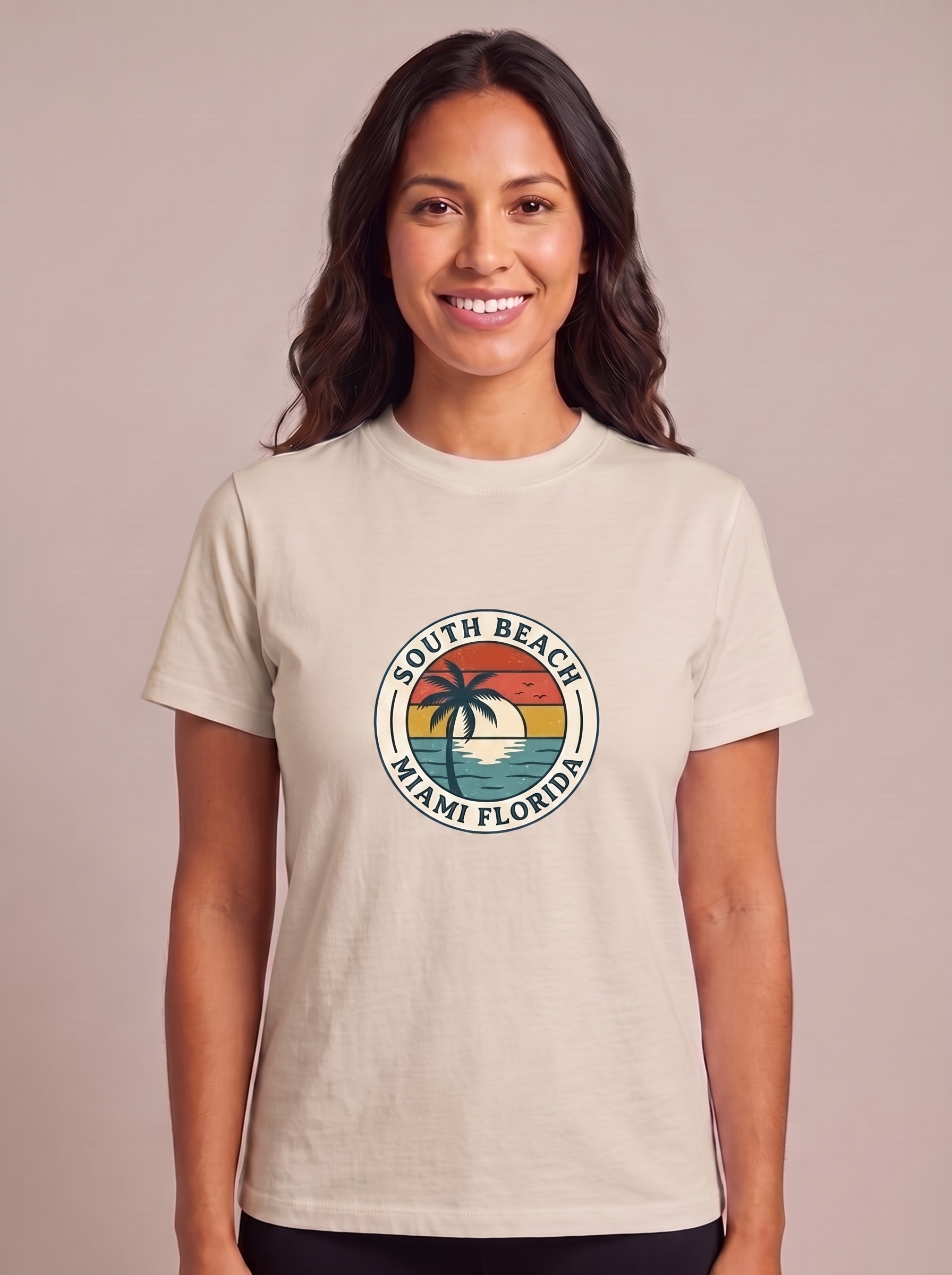 South Beach Miami retro tee in Sand, round SOUTH BEACH MIAMI FLORIDA travel badge