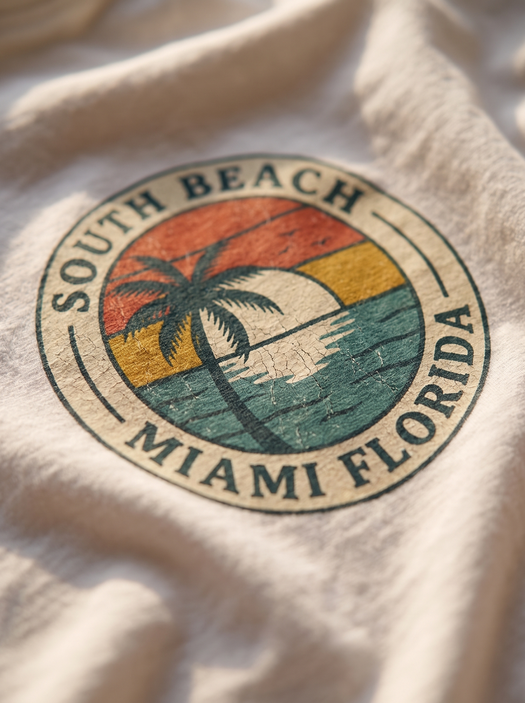 Close up of the South Beach Miami travel badge screen print, palm and sunset ink in the cotton weave