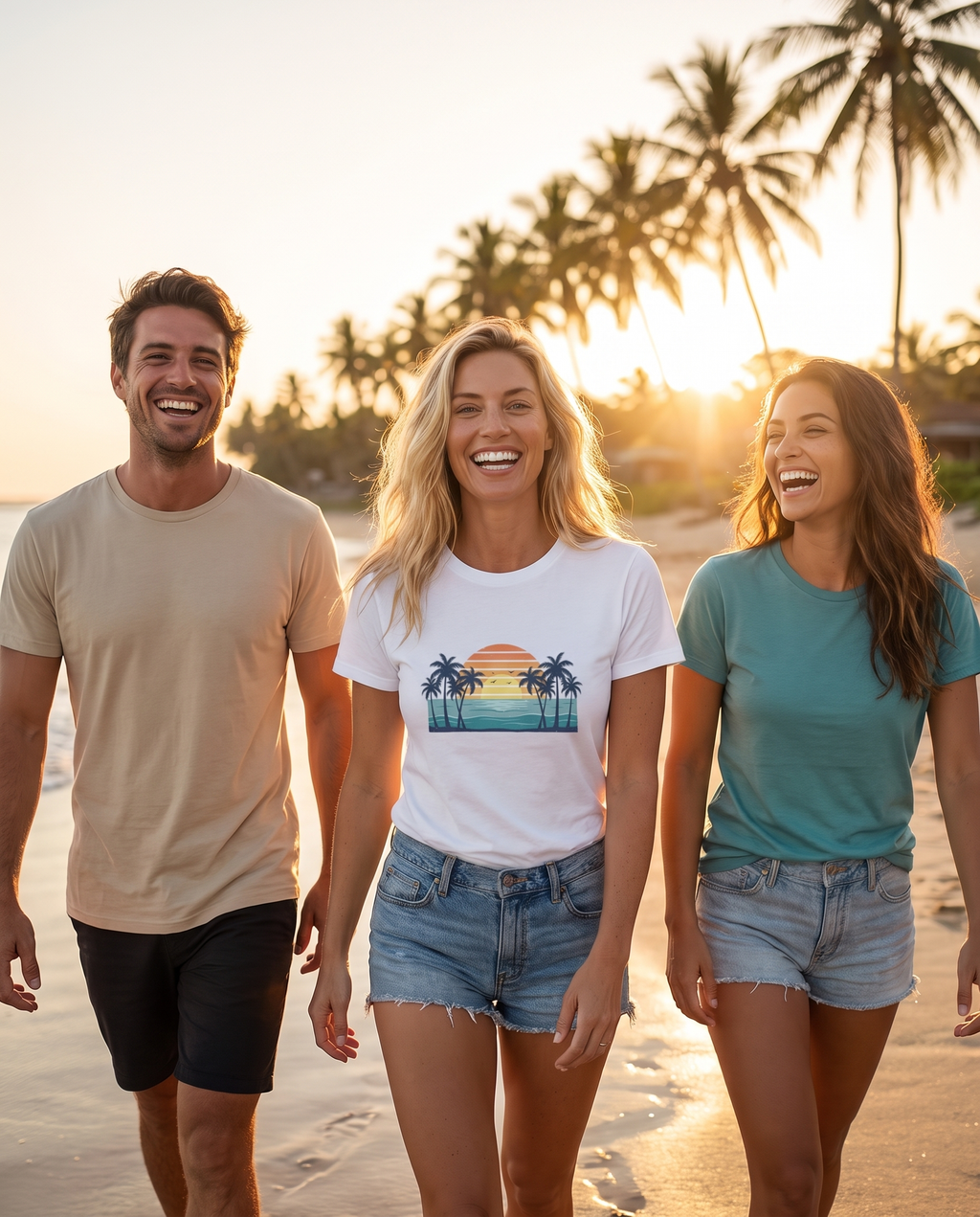 Three friends walking a golden-hour beach at sunset, the front woman in the Retro Beach Sunset tee in White, a man in a sand tee and a woman in a teal tee