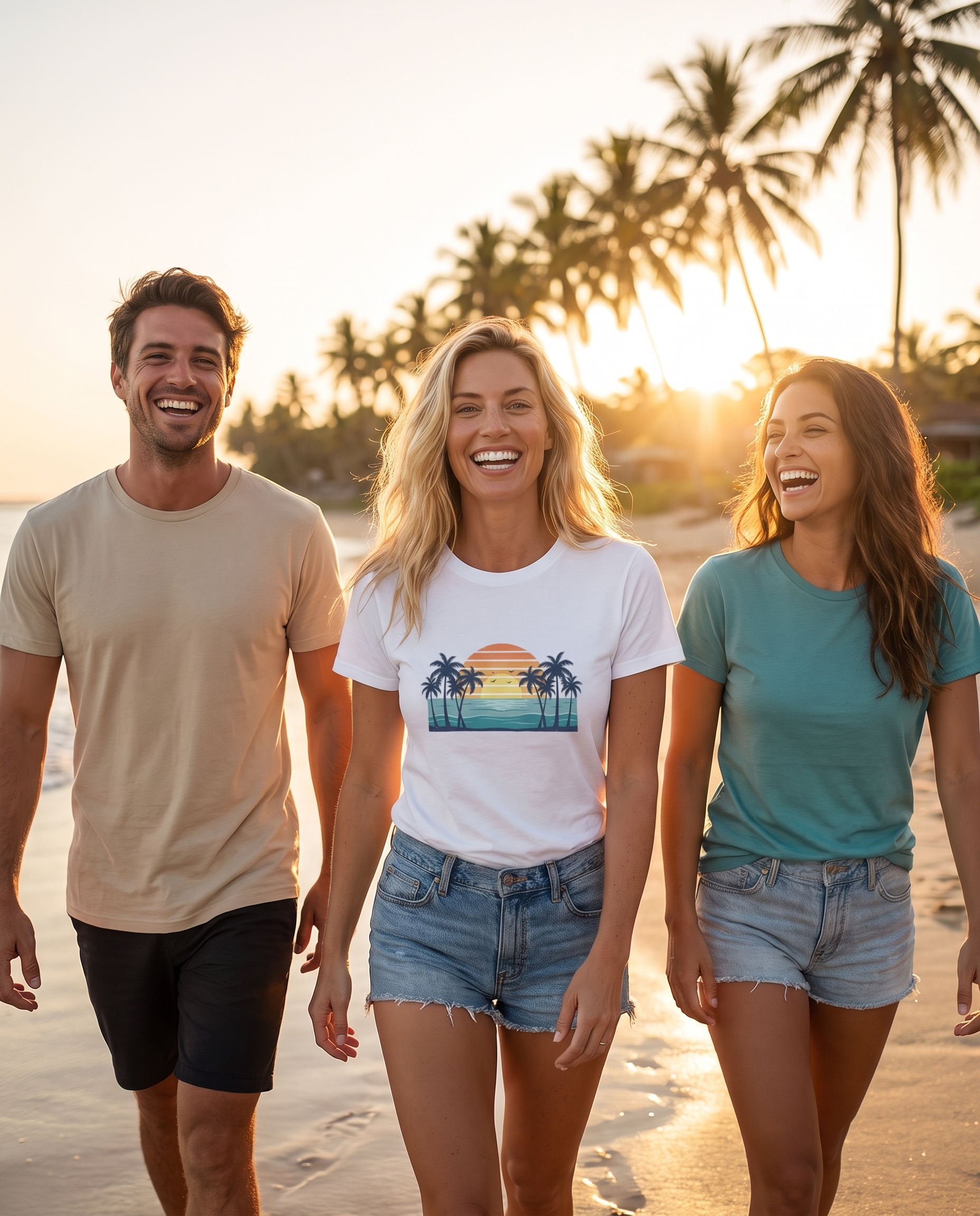 Three friends walking a golden-hour beach at sunset, the front woman in the Retro Beach Sunset tee in White, a man in a sand tee and a woman in a teal tee