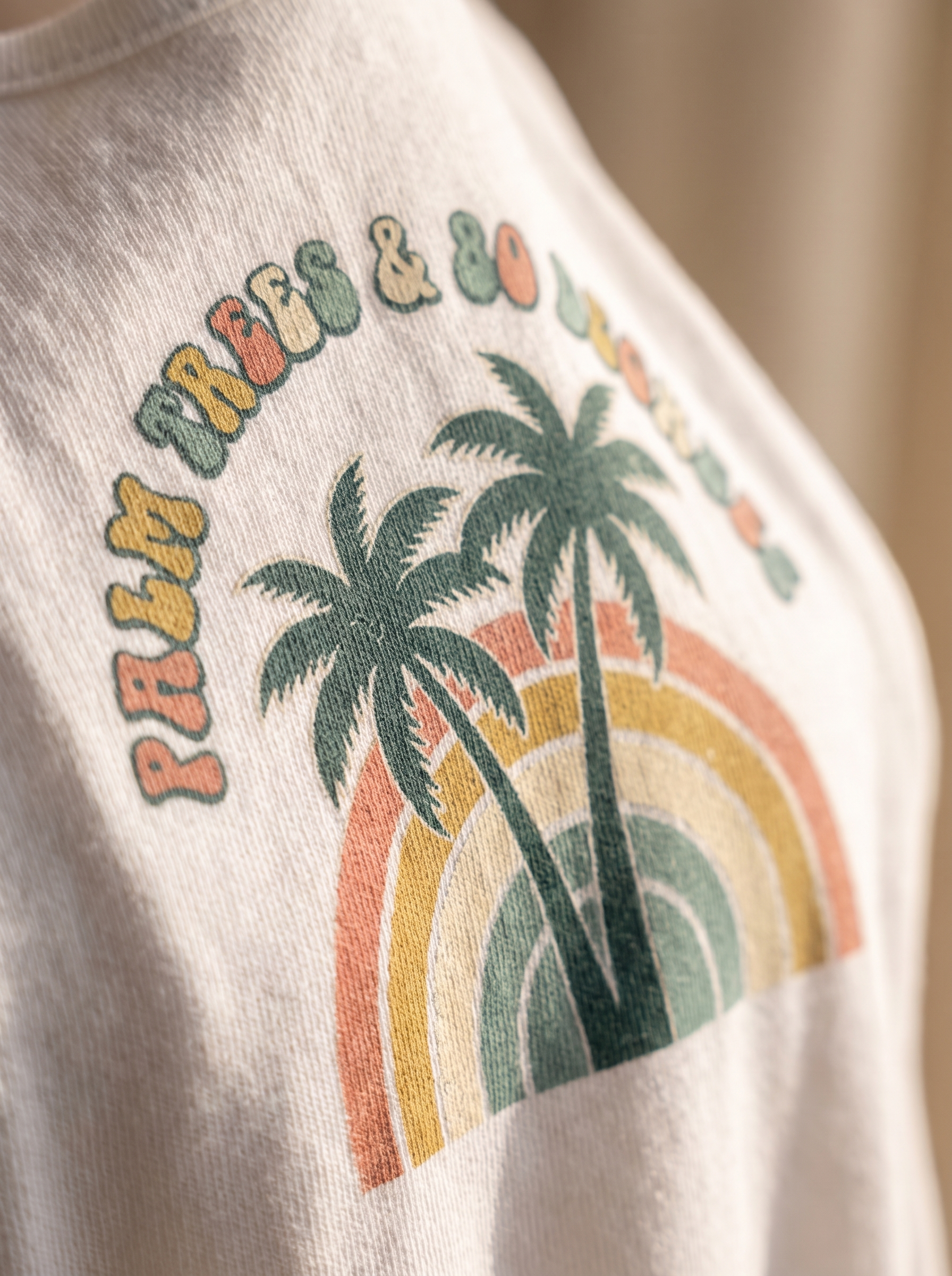 Close up of the Palm Trees and 80 Degrees tank screen print, twin palms rainbow arch and bubble lettering in the cotton weave