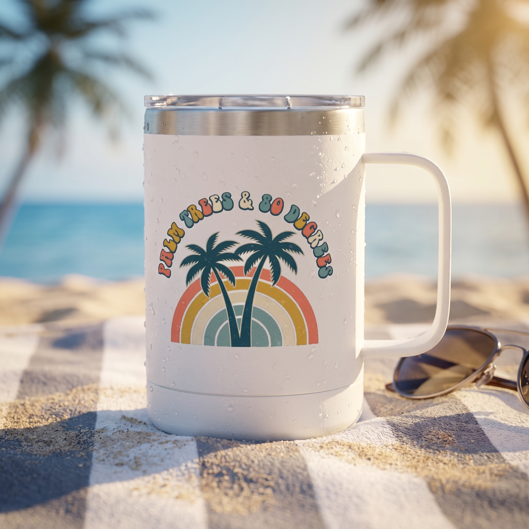 Palm Trees and 80 Degrees 15oz insulated tumbler with handle on a beach towel with sunglasses and condensation, retro rainbow palms design, lifestyle photo