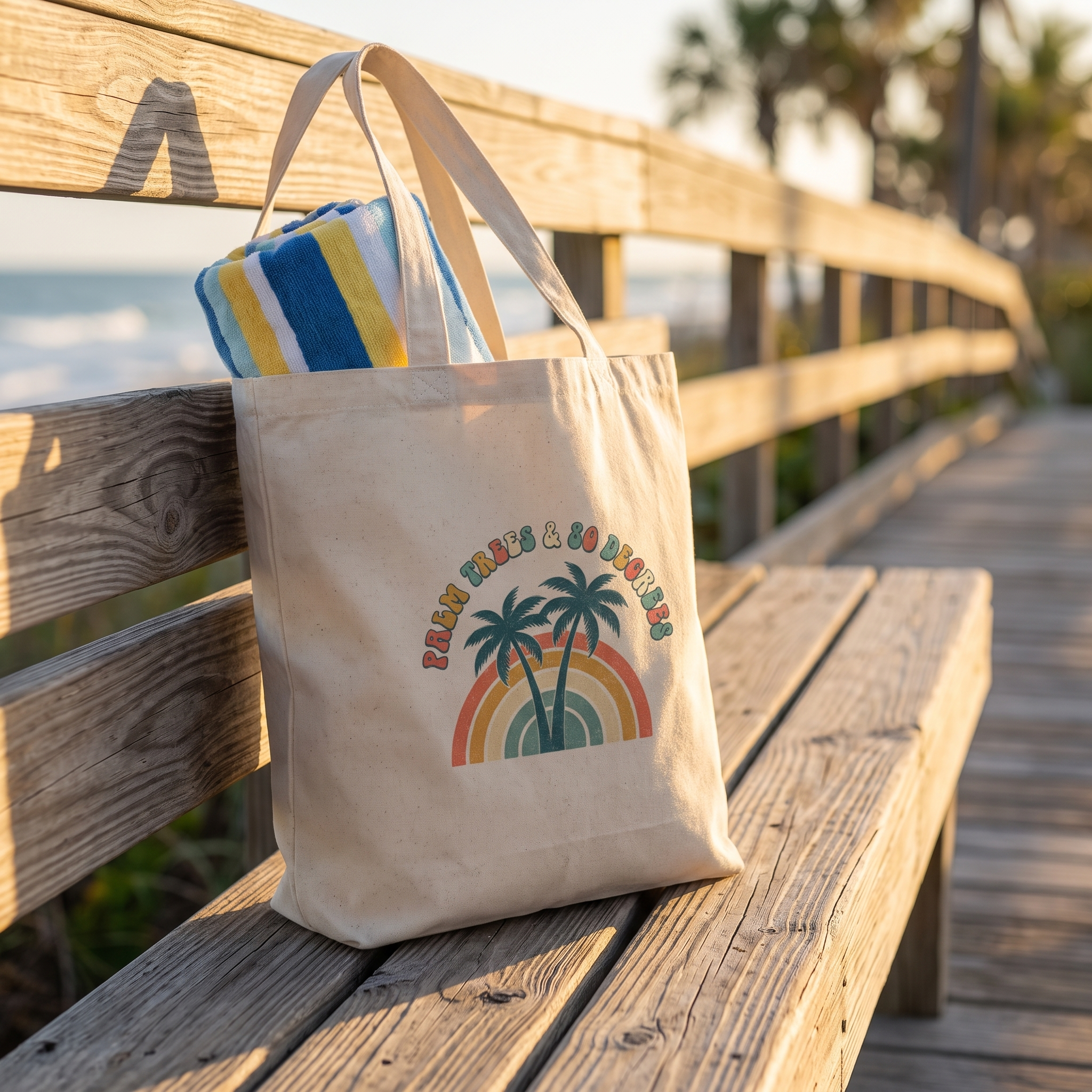 Palm Trees and 80 Degrees natural canvas tote on a beach boardwalk bench with a rolled striped towel, retro rainbow palms design, lifestyle photo
