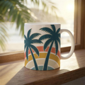 Palm Trees and 80 Degrees 11oz ceramic mug on a sunlit windowsill with palm fronds and beach bokeh, retro rainbow palms design, lifestyle photo