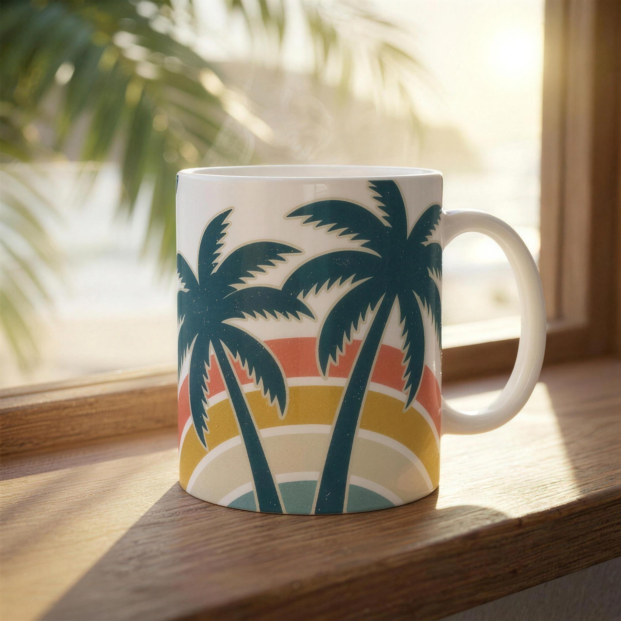 Palm Trees and 80 Degrees 11oz ceramic mug on a sunlit windowsill with palm fronds and beach bokeh, retro rainbow palms design, lifestyle photo