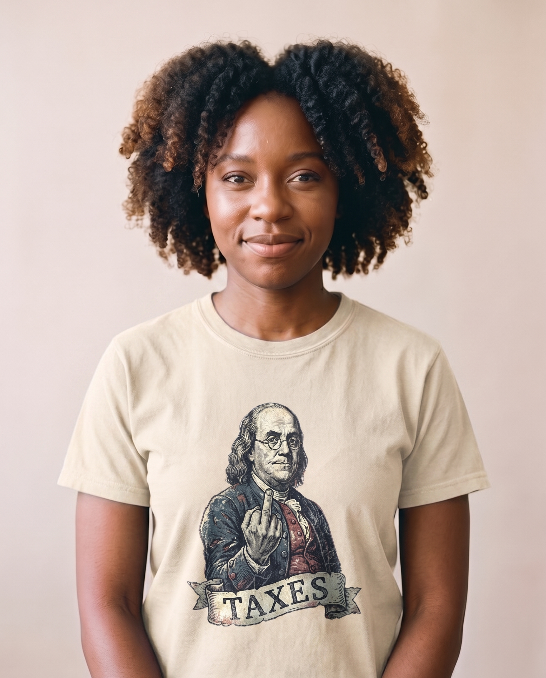 Woman wearing the Ben Franklin TAXES tee in Natural cream, vintage engraved Franklin print centered at mid-chest, matte screen print