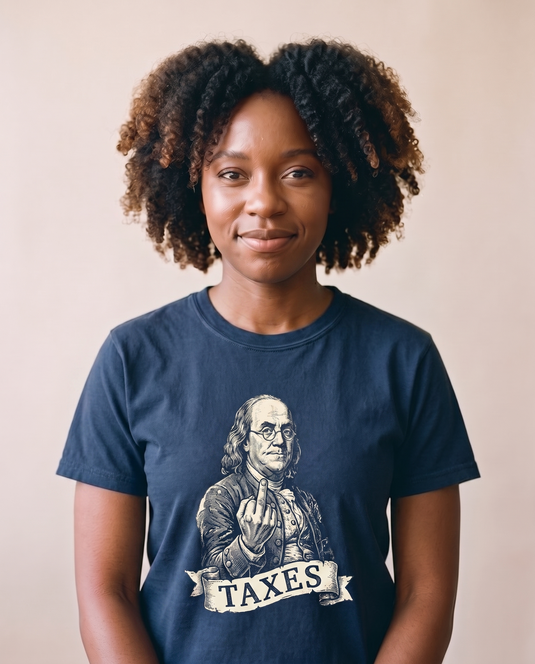 Woman wearing the Ben Franklin TAXES tee in True Navy with cream-ink engraved Franklin print centered at mid-chest, matte screen print