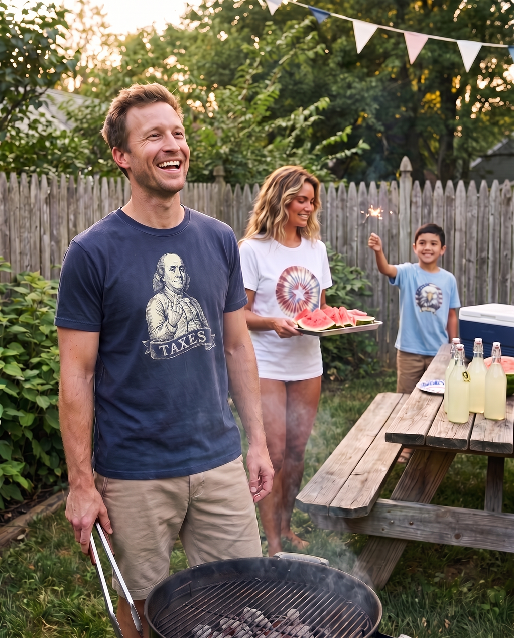 Backyard July 4th cookout, the front man grilling in the Ben Franklin TAXES tee in True Navy with a crisp cream-ink Franklin print at mid-chest, friends behind in the tie dye stars tee and the winking 1776 eagle kids tee