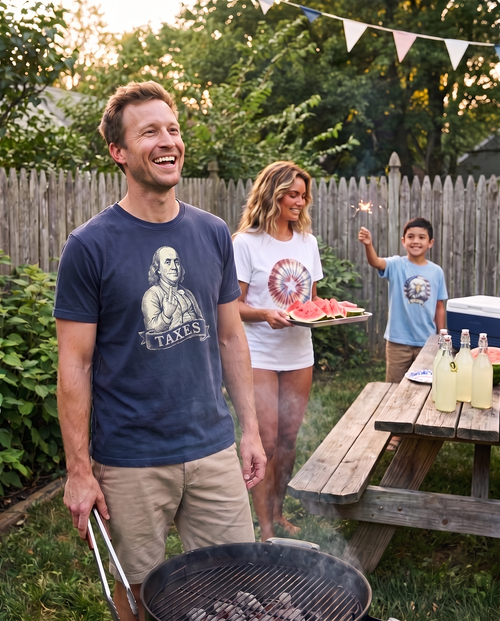 Backyard July 4th cookout, the front man grilling in the Ben Franklin TAXES tee in True Navy with a crisp cream-ink Franklin print at mid-chest, friends behind in the tie dye stars tee and the winking 1776 eagle kids tee