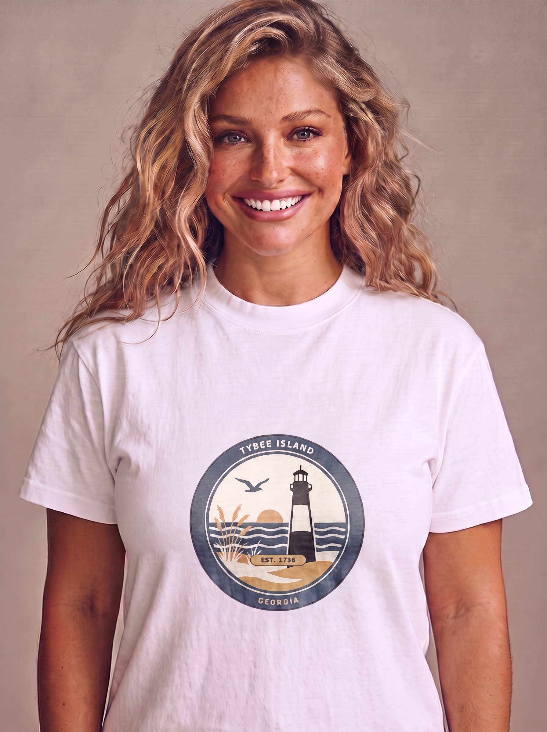Woman wearing the Tybee Island Georgia lighthouse badge tee in White, full round TYBEE ISLAND GEORGIA EST 1736 badge at mid-chest, matte screen print conforming to the fabric