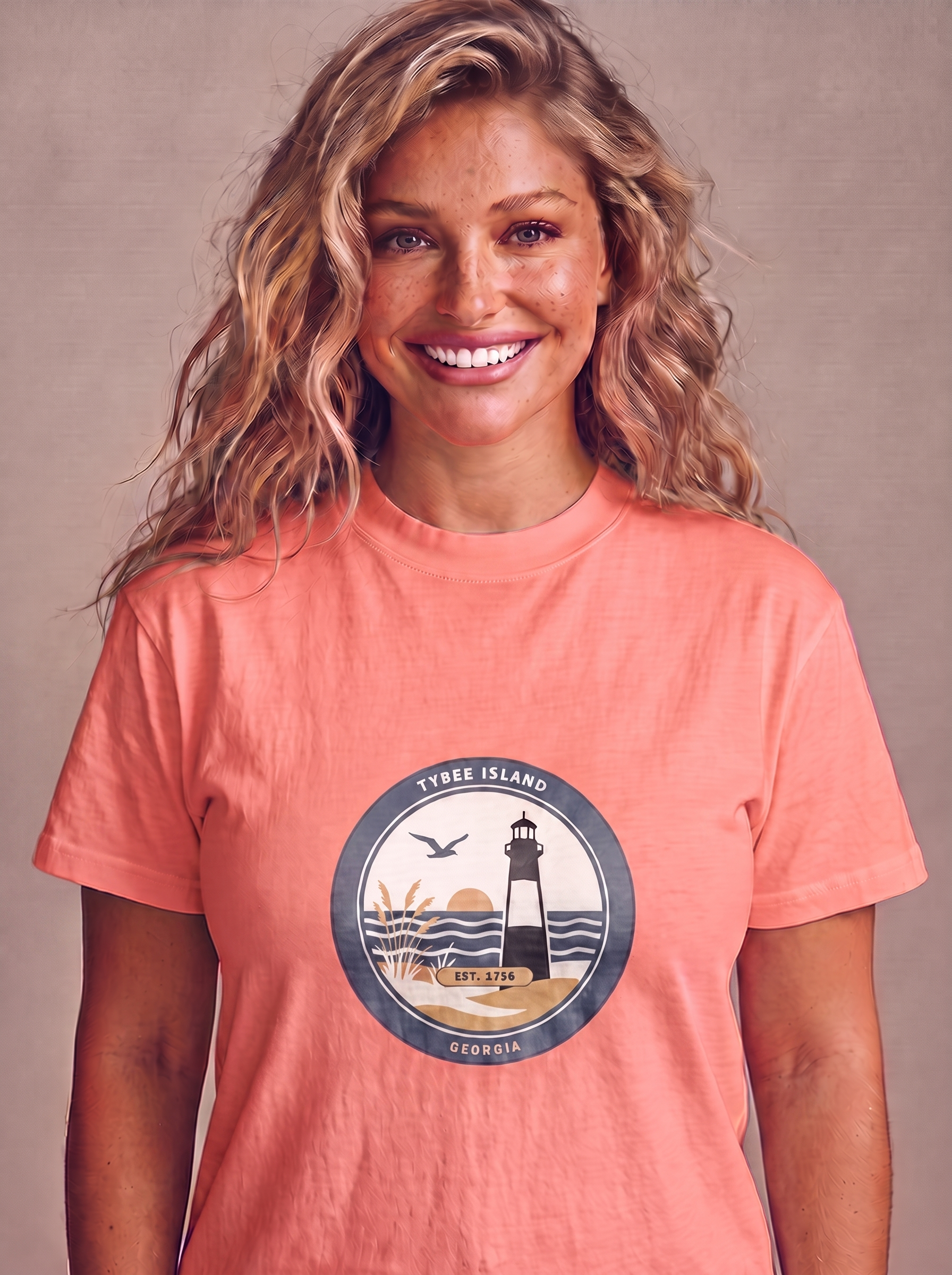 Woman wearing the Tybee Island lighthouse badge tee in Bright Salmon, full round TYBEE ISLAND GEORGIA EST 1736 badge at mid-chest, matte screen print conforming to the fabric