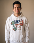 Sweat Now Wine Later on a relaxed white pullover hoodie, on-model funny gym and wine sweatshirt