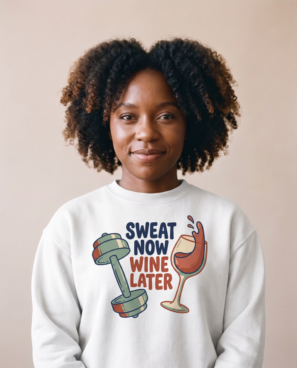 Sweat Now Wine Later on a white crewneck sweatshirt, on-model funny gym and wine crew