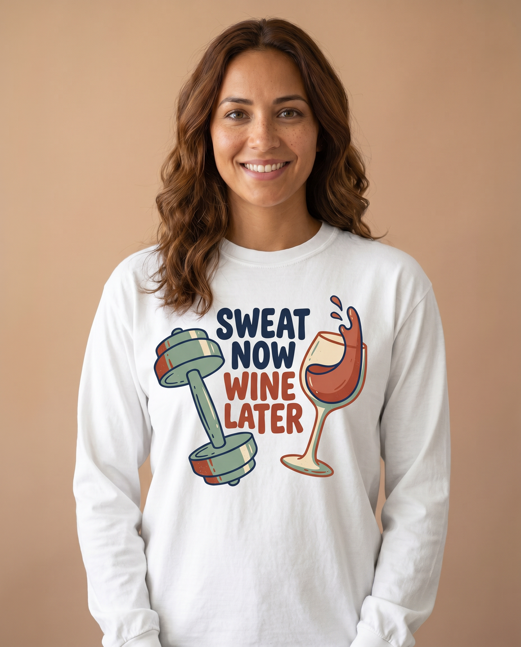 Sweat Now Wine Later on a white garment-dyed long sleeve tee, on-model funny gym and wine shirt