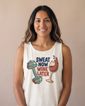 Sweat Now Wine Later on an ivory Comfort Colors tank, on-model funny gym and wine tank