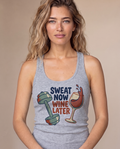 Sweat Now Wine Later on an athletic heather racerback micro-rib tank, on-model funny gym and wine tank