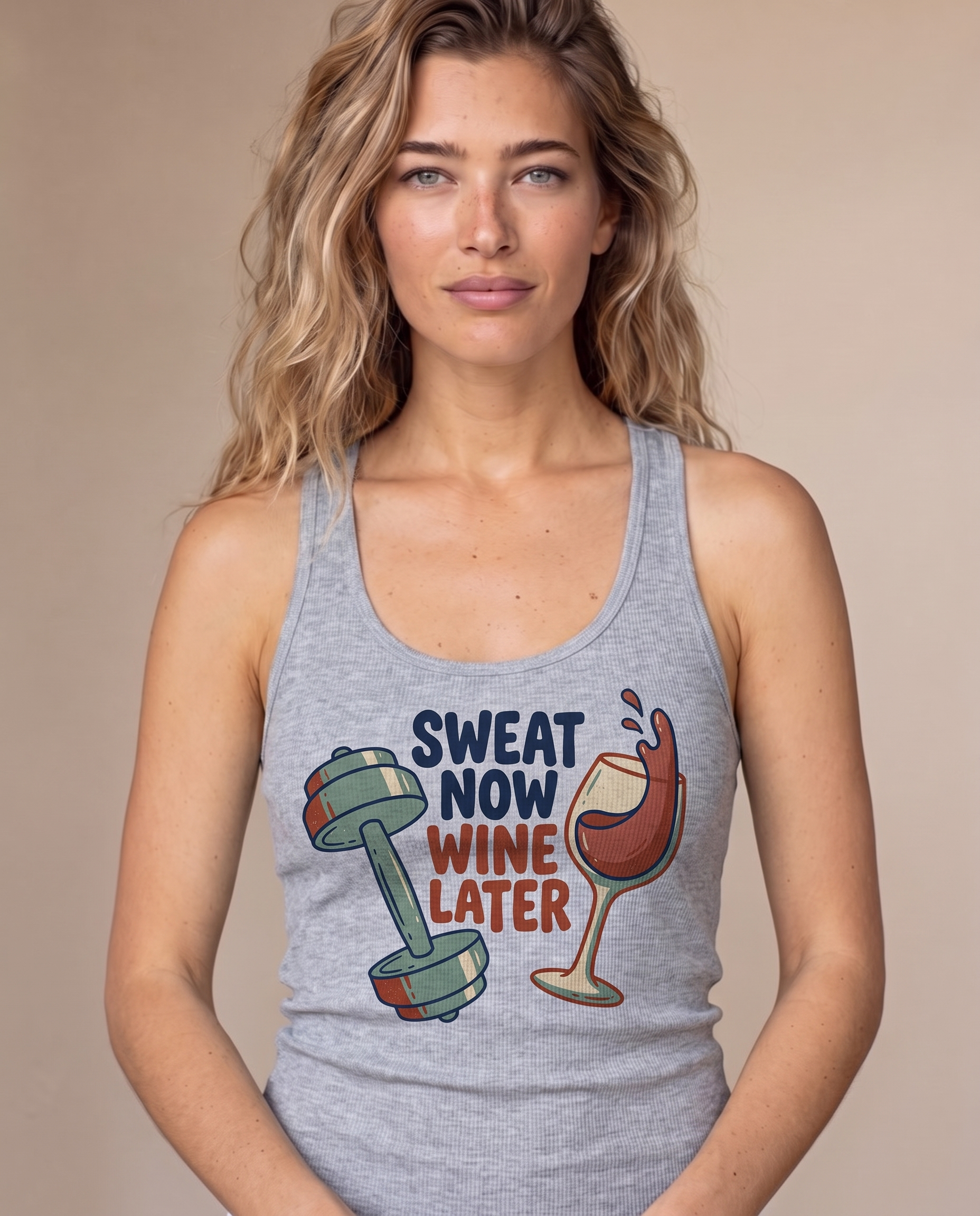 Sweat Now Wine Later on an athletic heather racerback micro-rib tank, on-model funny gym and wine tank