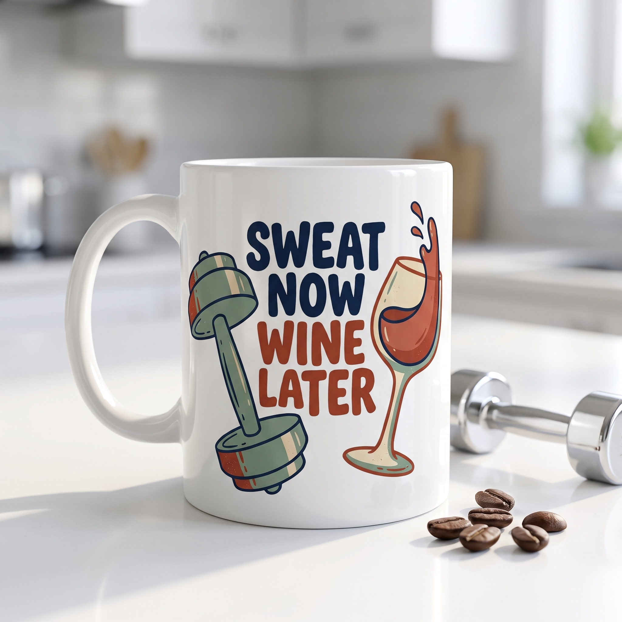 Sweat Now Wine Later 11oz mug on a bright kitchen counter with coffee beans and a dumbbell, funny gym and wine mug