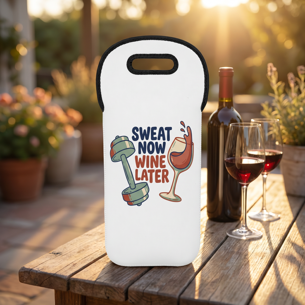 Sweat Now Wine Later insulated wine bottle tote on a sunny patio with a wine bottle and glasses, funny gym and wine gift