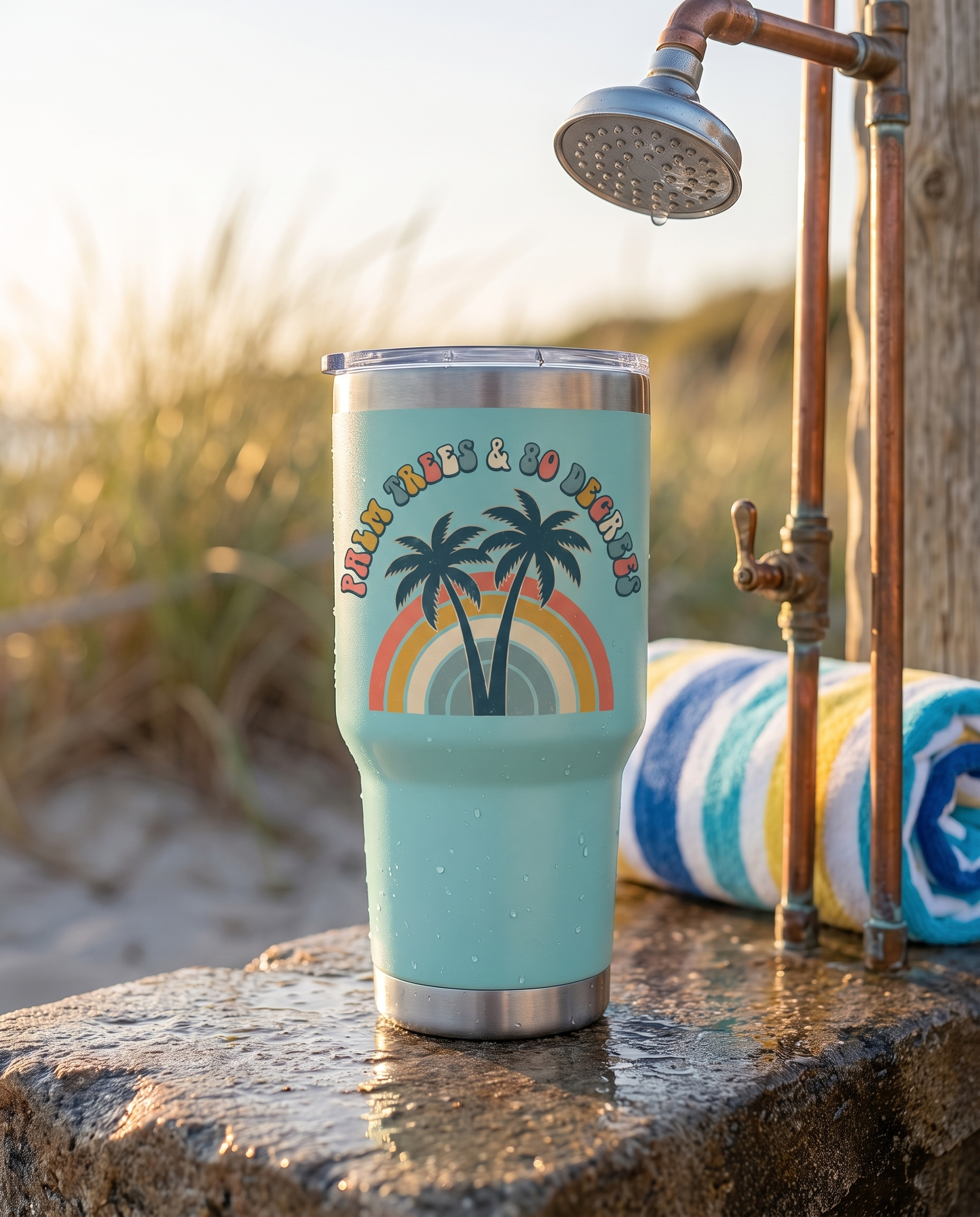 Palm Trees and 80 Degrees 32oz tumbler in the Teal colorway on a beach outdoor shower ledge with water droplets, rainbow palm design visible