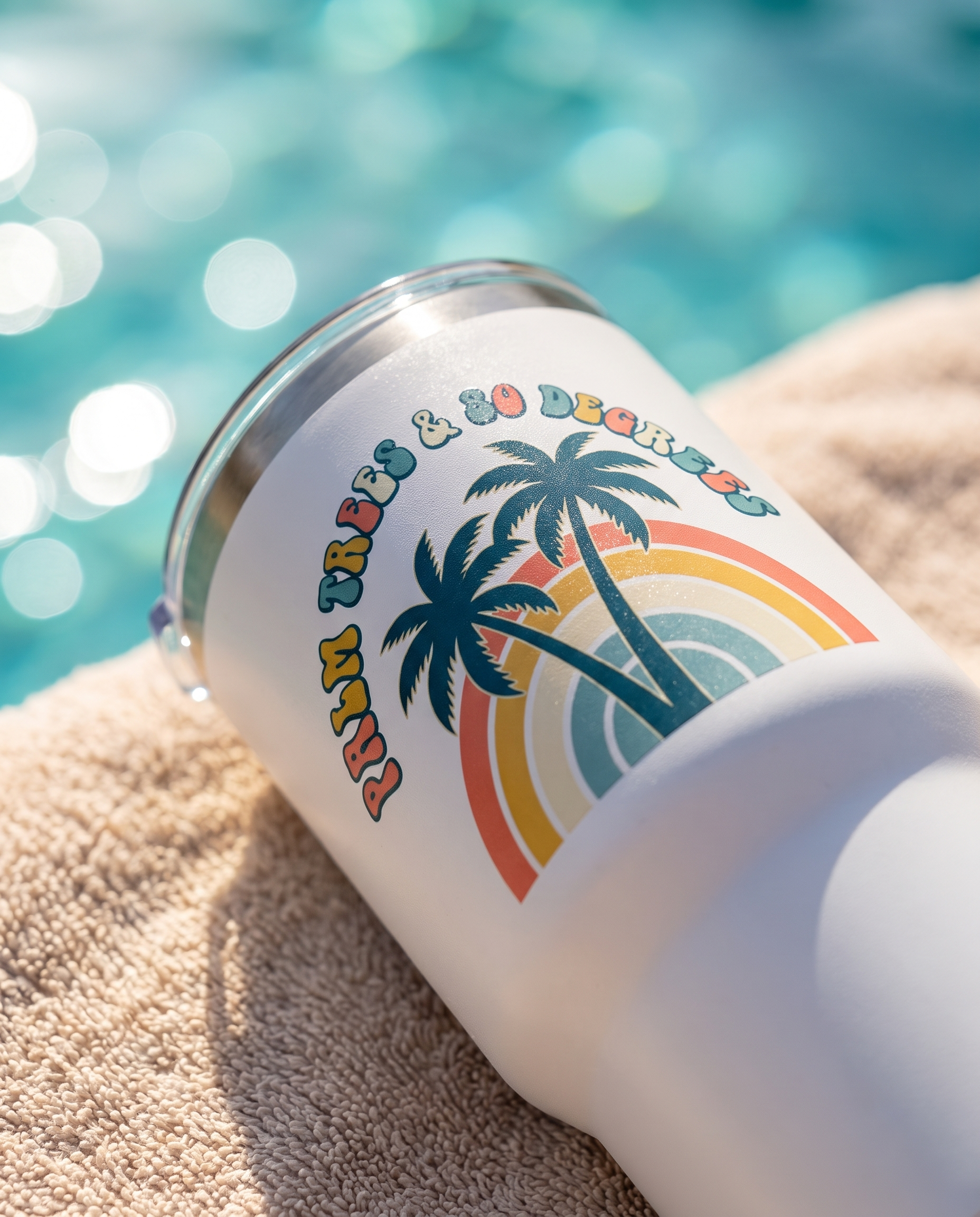 Bokeh close up of the Palm Trees and 80 Degrees 32oz tumbler on a poolside towel, design sharp against turquoise bokeh