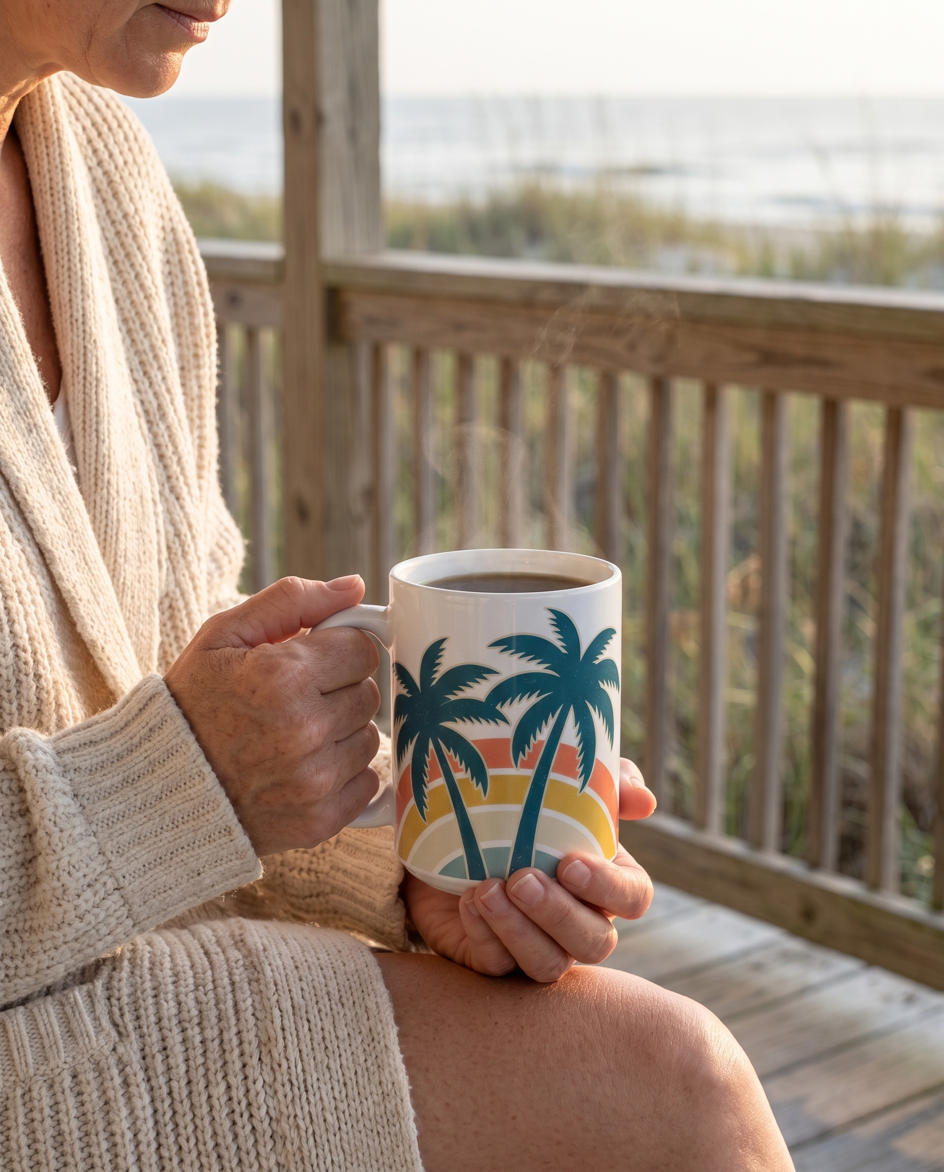 Hands wrapped around the Palm Trees and 80 Degrees 11oz mug with steaming coffee on a beach house porch in the morning, twin palm rainbow wrap design facing out