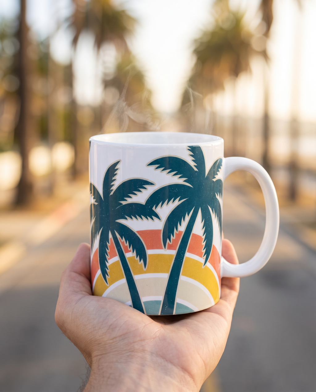 Palm Trees and 80 Degrees 11oz ceramic mug held up on a palm lined beach street, second angle of the twin palm rainbow wrap