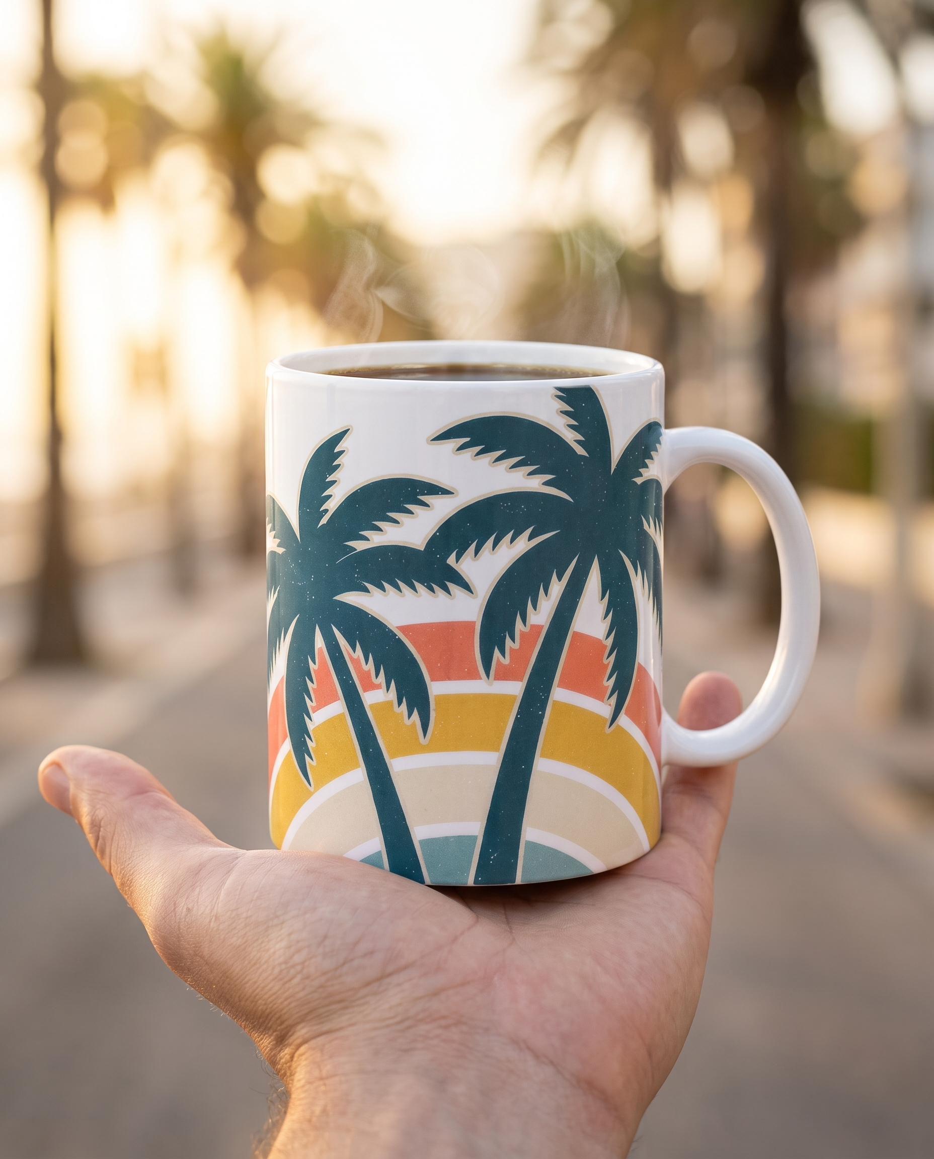 Bokeh close up of the Palm Trees and 80 Degrees mug, twin palms and rainbow sharp against dissolved golden street light