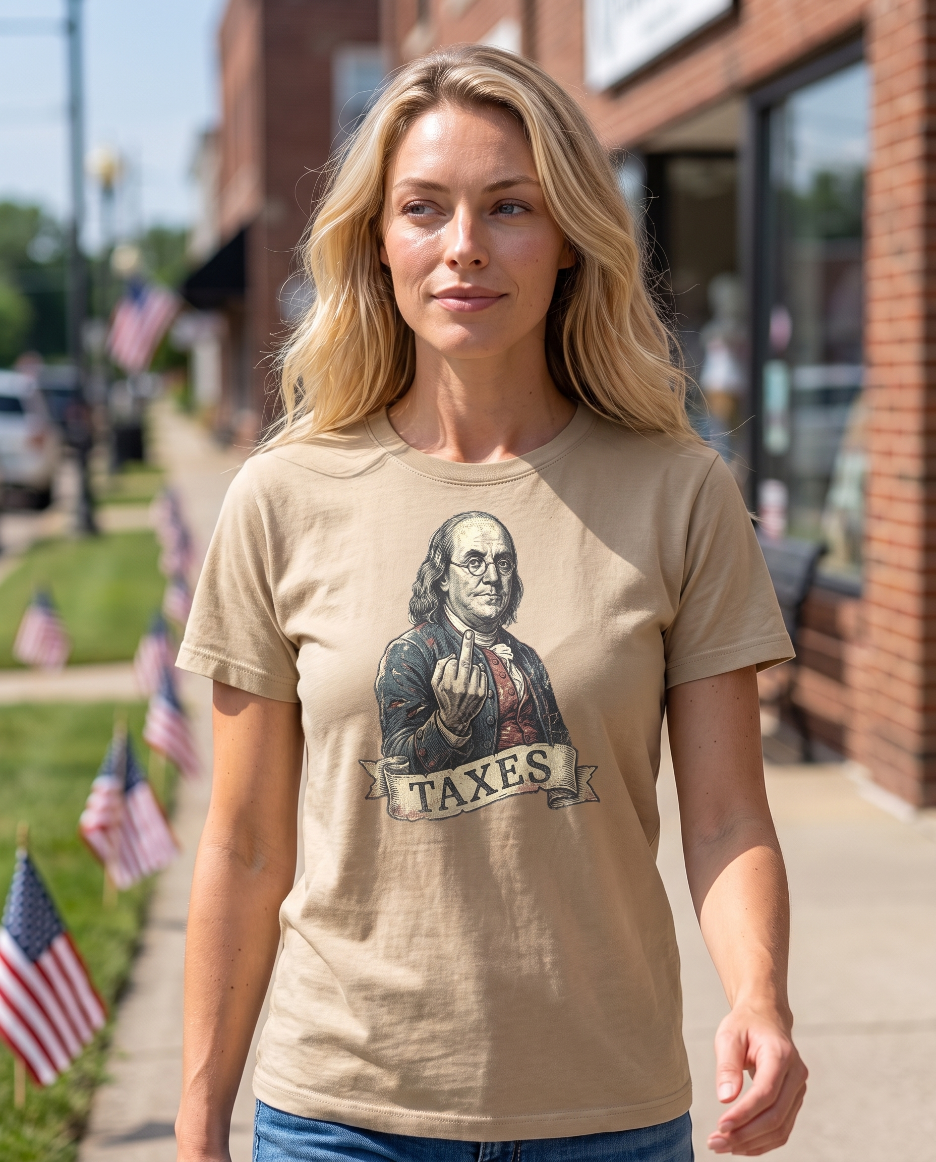Woman strolling a small town July 4th parade sidewalk in the Ben Franklin TAXES tee in Sand, engraved Franklin print visible, flags on the lawns
