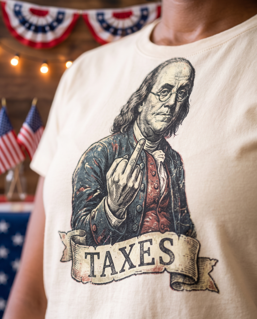 Bokeh close up of the Ben Franklin TAXES print on the Natural tee, engraving and banner sharp, July 4th bunting lights dissolved behind