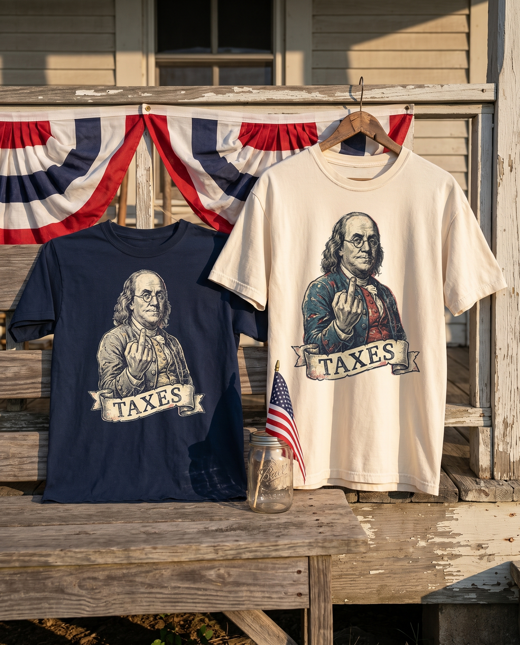 Ben Franklin TAXES design across two products, the Navy heavy cotton tee in cream ink and the Ivory garment dyed tee in full color, on a July 4th porch with bunting