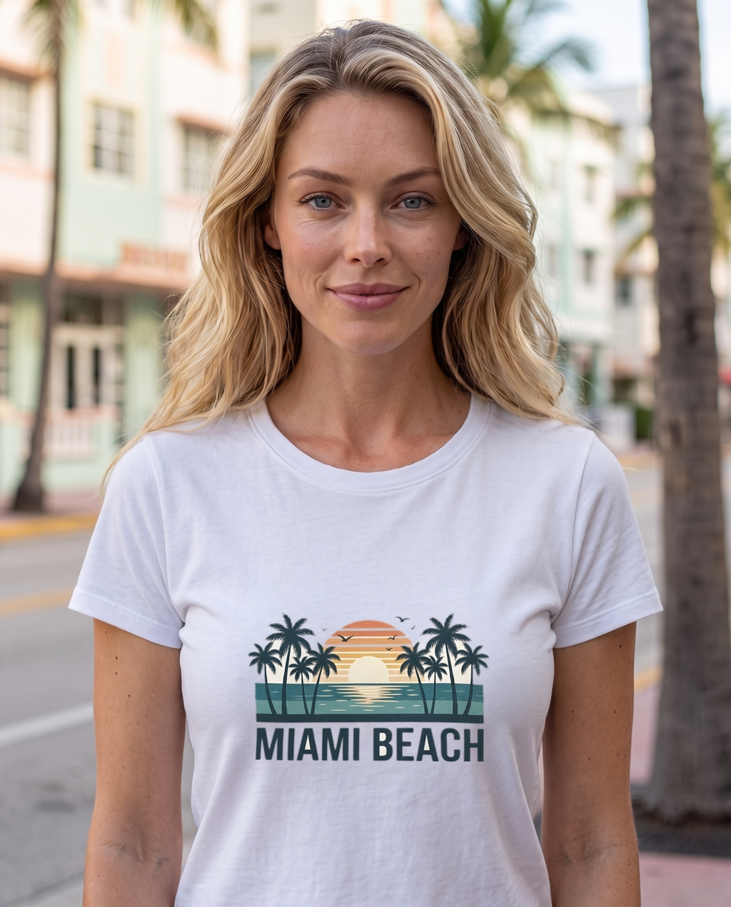 Woman on Ocean Drive Miami in the Miami Beach retro sunset tee in White, design and MIAMI BEACH wordmark clearly visible at the front of the frame, pastel art deco behind