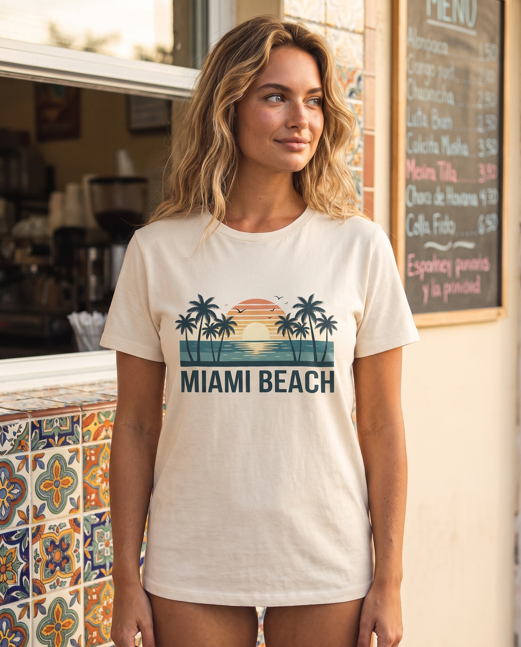 Woman at a Little Havana cafecito window in the Miami Beach retro tee in Natural cream, retro sunset design visible, colorful tile behind