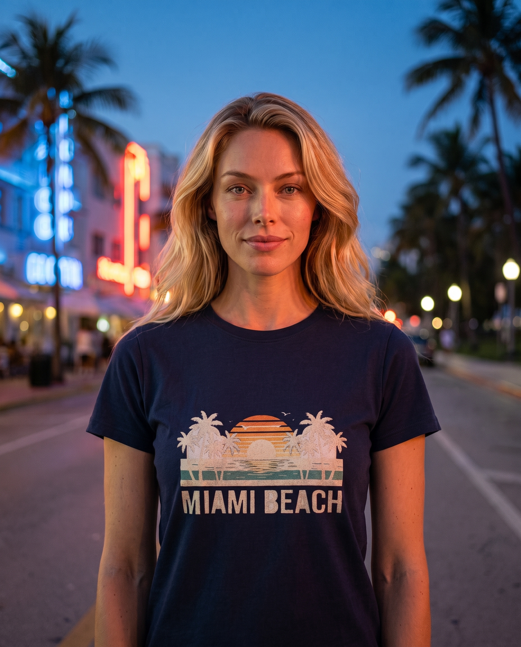 Woman on Ocean Drive at dusk in the Miami Beach retro tee in Navy, cream ink and sunset design visible, neon glow behind