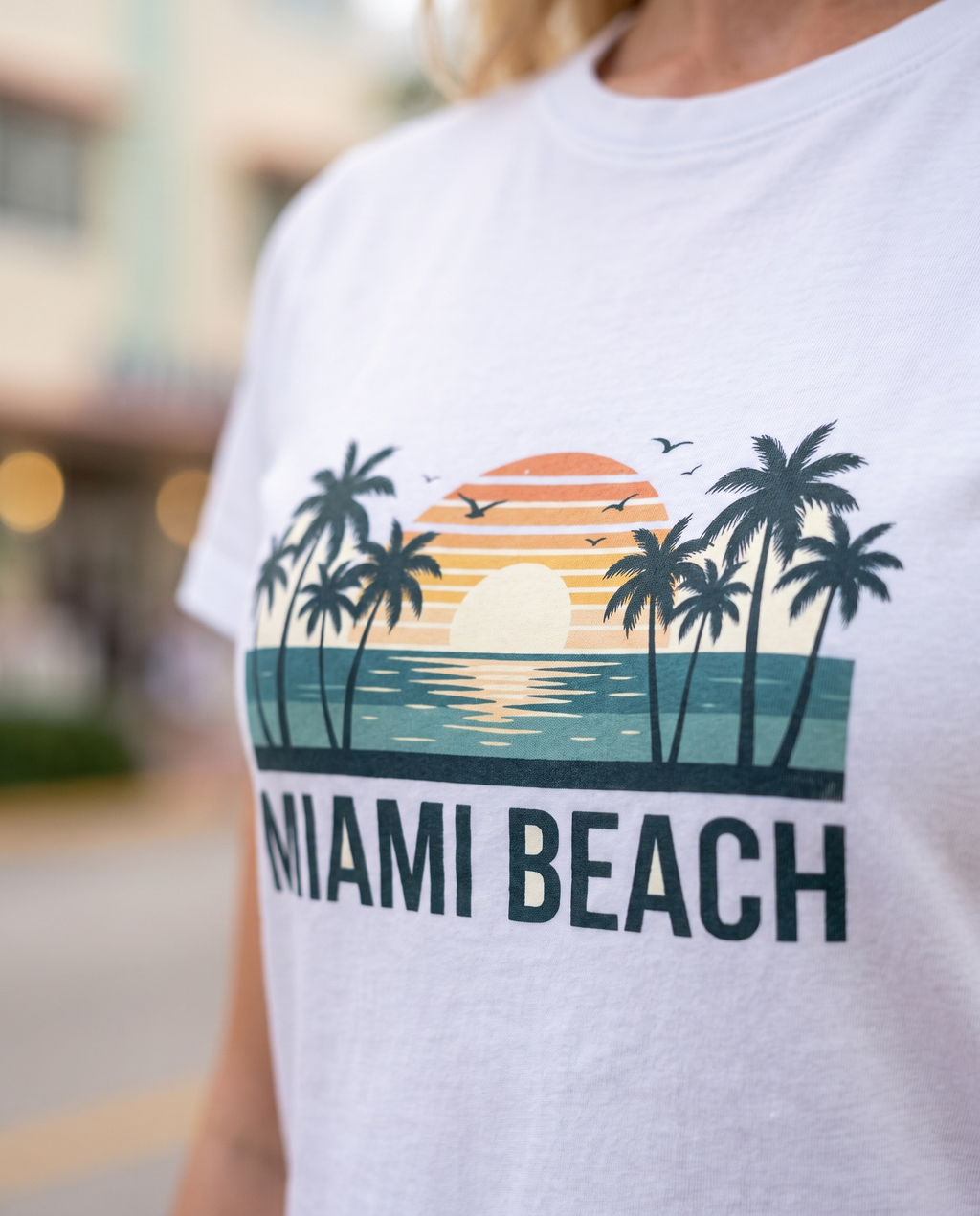 Bokeh close up of the Miami Beach retro sunset print on the White tee, palms and wordmark sharp, Ocean Drive dissolved behind