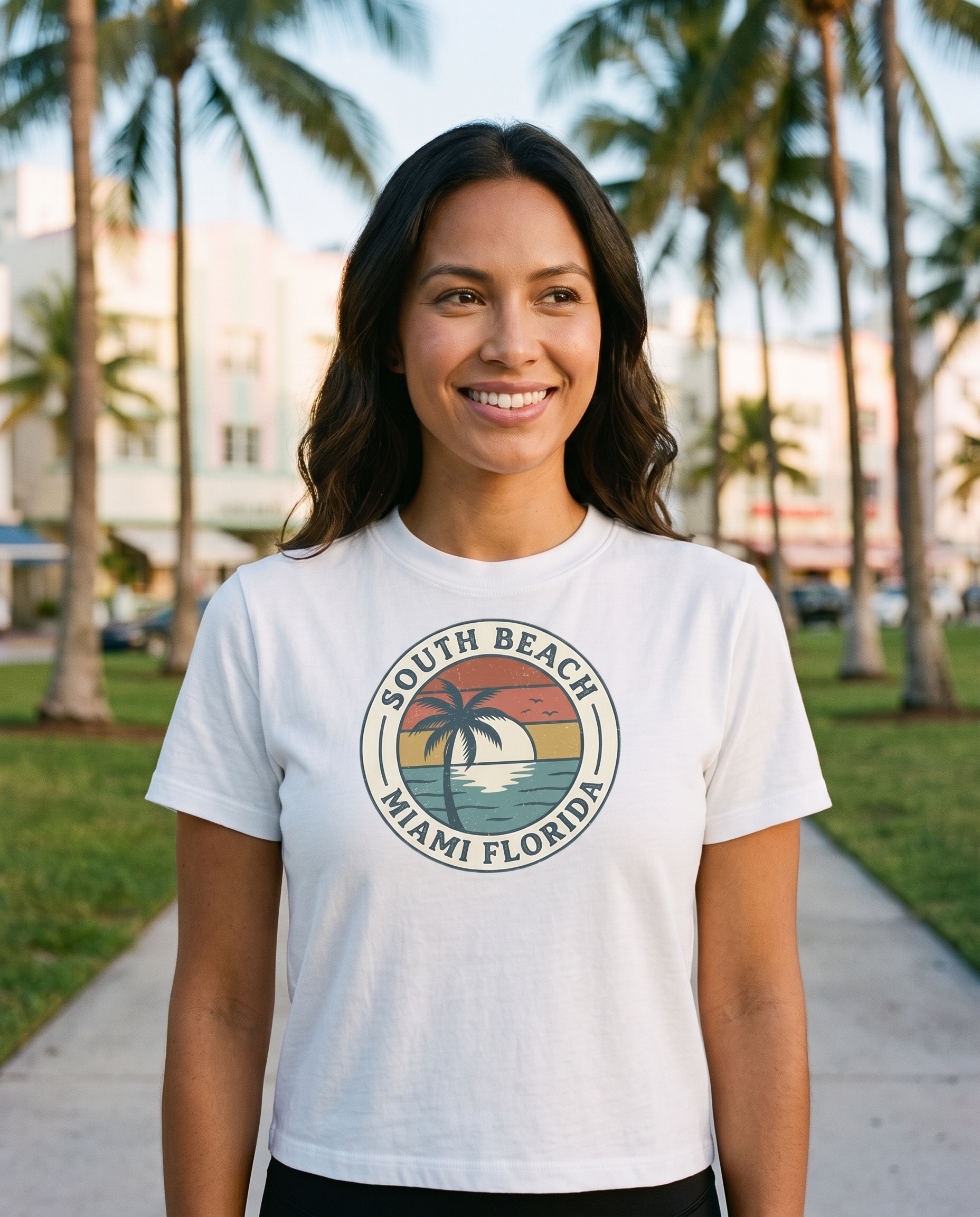 Woman on the Lummus Park palm path in the South Beach Miami travel badge tee in White, badge clearly visible at the front of the frame