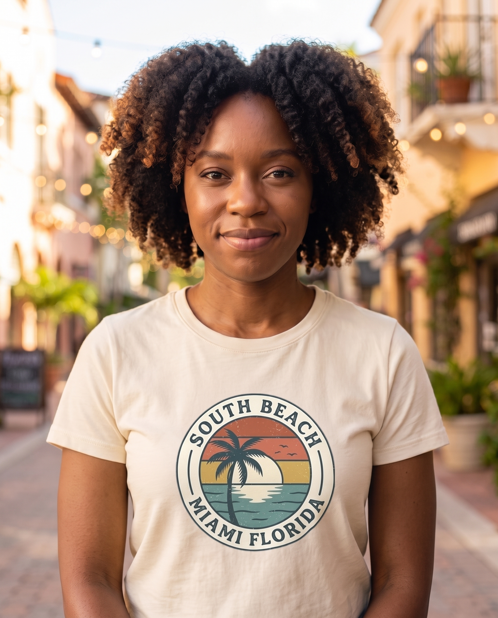 Woman strolling Espanola Way under string lights in the South Beach Miami badge tee in Natural cream, badge visible