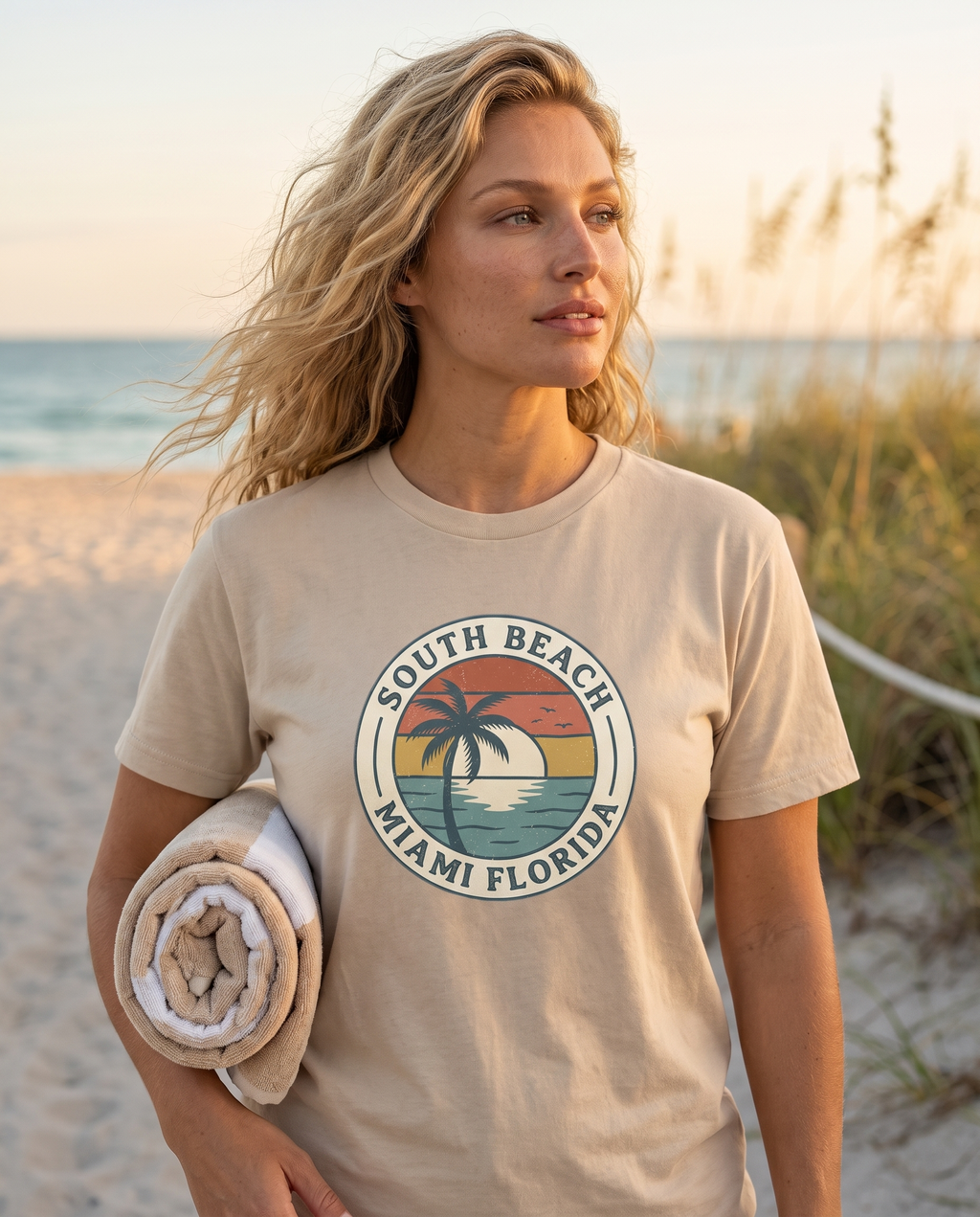 Woman in the dunes at golden hour with a rolled towel in the South Beach Miami badge tee in Sand, badge visible