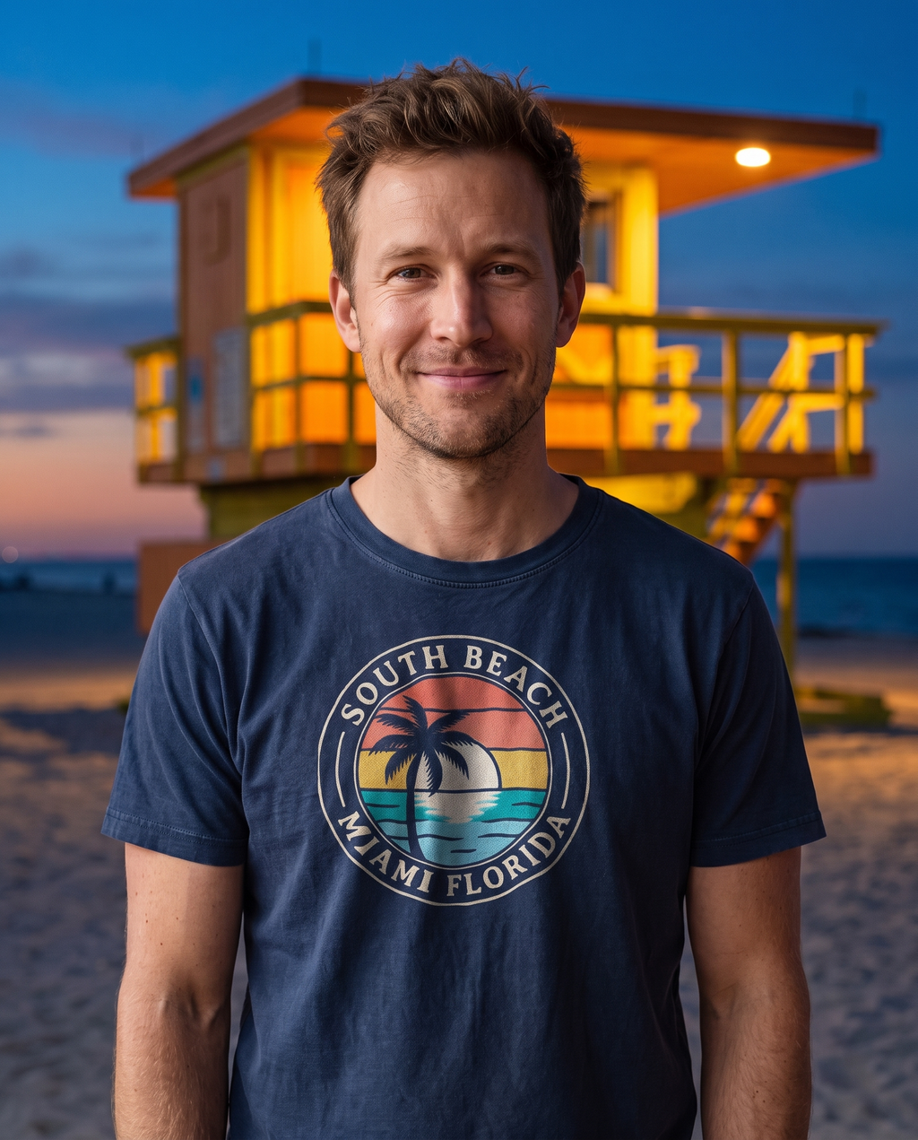 Man by a lifeguard tower at dusk in the South Beach Miami badge tee in Navy, cream ink badge visible