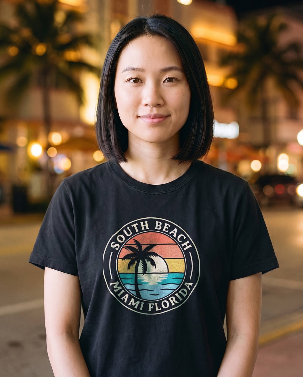 Woman on Collins Avenue at night in the South Beach Miami badge tee in Black, cream ink badge visible