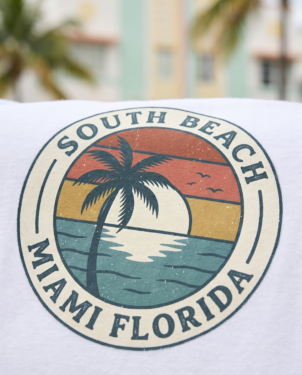 Bokeh close up of the South Beach Miami Florida travel badge print on the White tee, palm and lettering sharp