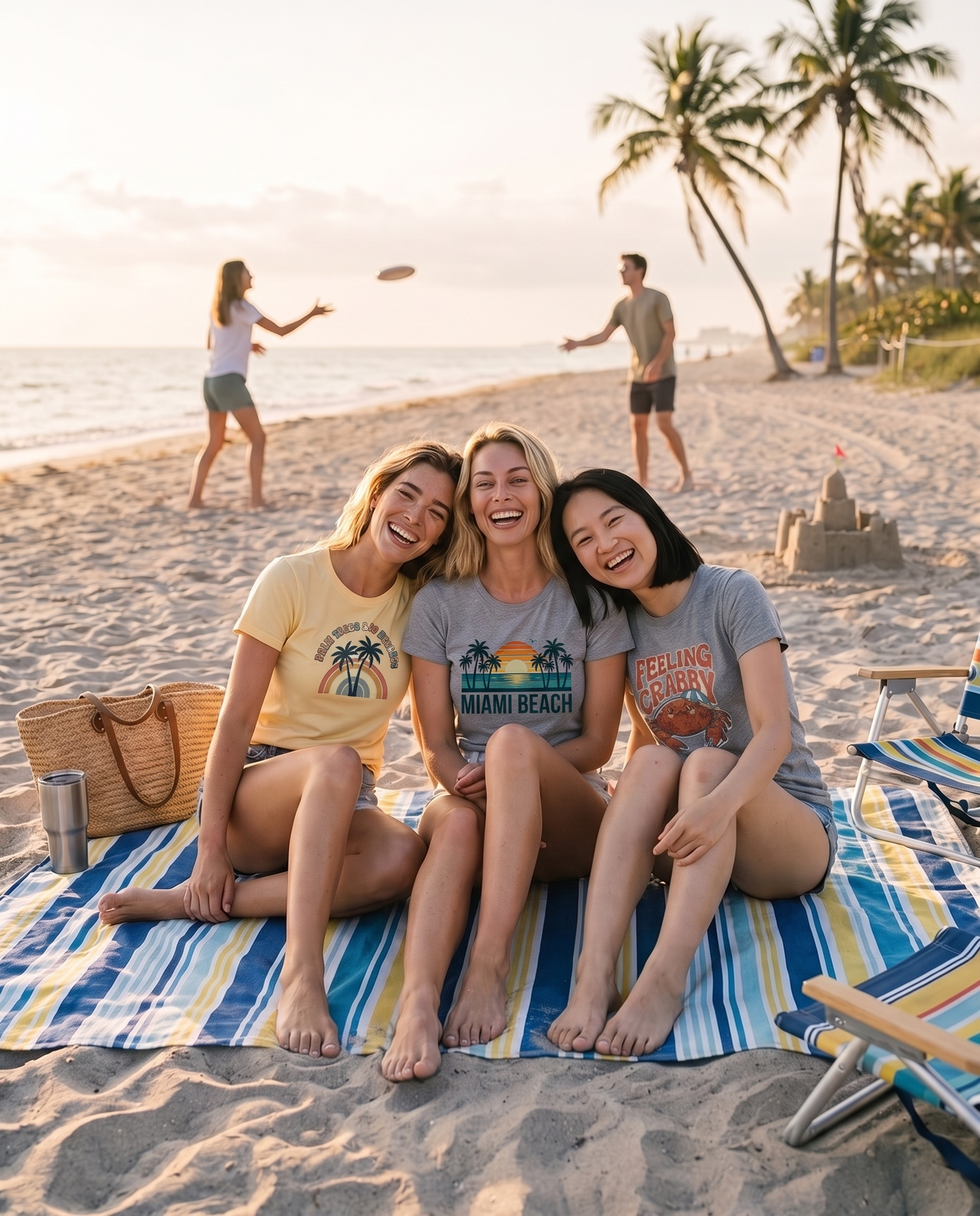Three friends laughing on a beach blanket at golden hour, one in the Palm Trees and 80 Degrees retro rainbow tee in Butter, one in the Miami Beach retro sunset tee, one in the Feeling Crabby crab tee