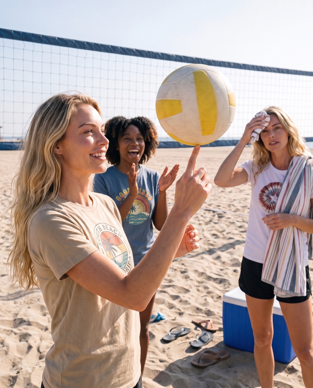 Friends by a beach volleyball net, the front friend spinning a ball in the South Beach Miami badge tee, one friend in the Good Vibes retro tee, one in the tie dye stars tee