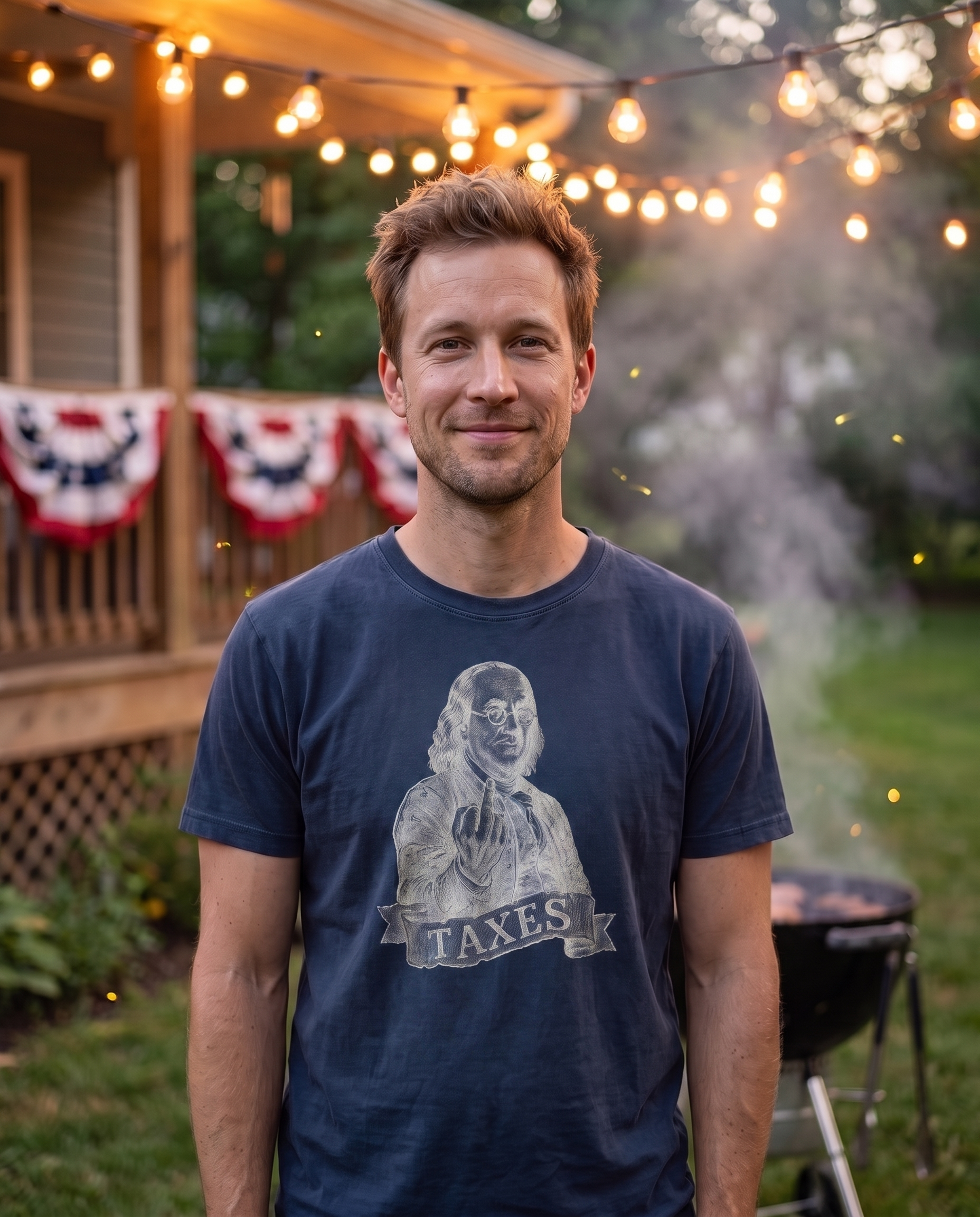 Man at a July 4th backyard cookout at dusk wearing the Ben Franklin TAXES tee in Navy, cream ink engraved Franklin print at mid chest, string lights and bunting behind