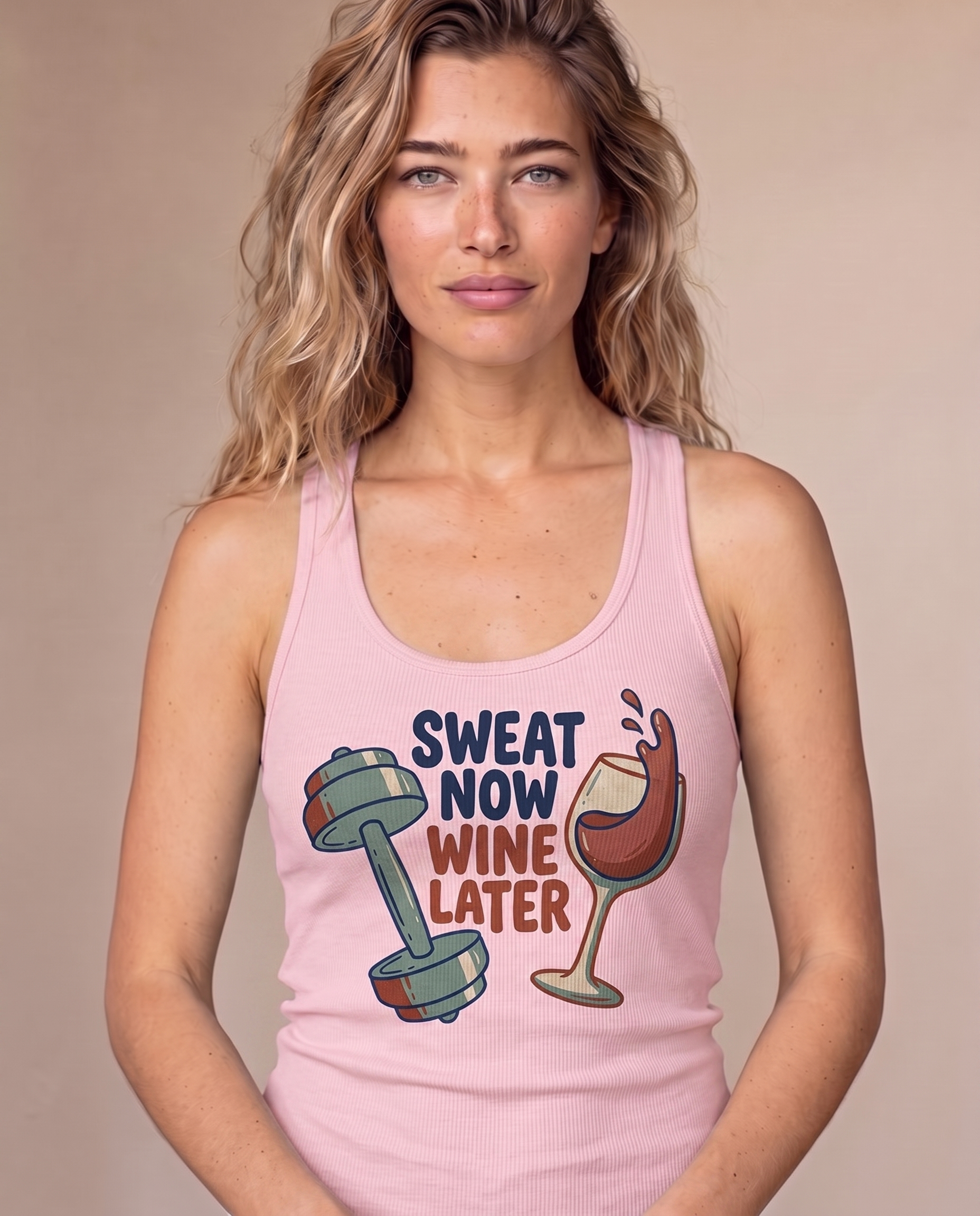 Sweat Now Wine Later ribbed micro rib tank in Solid Pink Blend, stacked lettering with dumbbell and wine glass print
