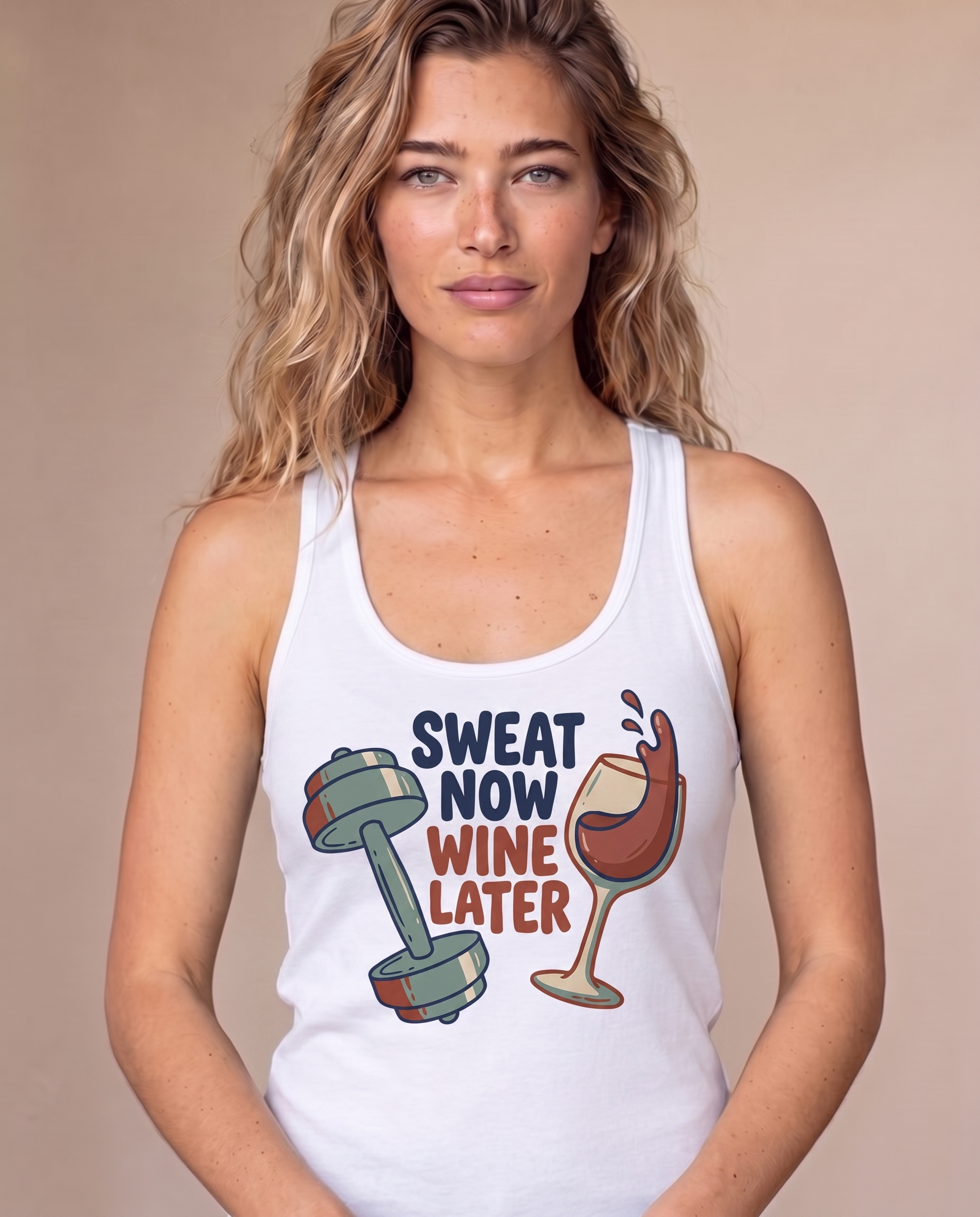 Sweat Now Wine Later ribbed micro rib tank in Solid White Blend, stacked lettering with dumbbell and wine glass print