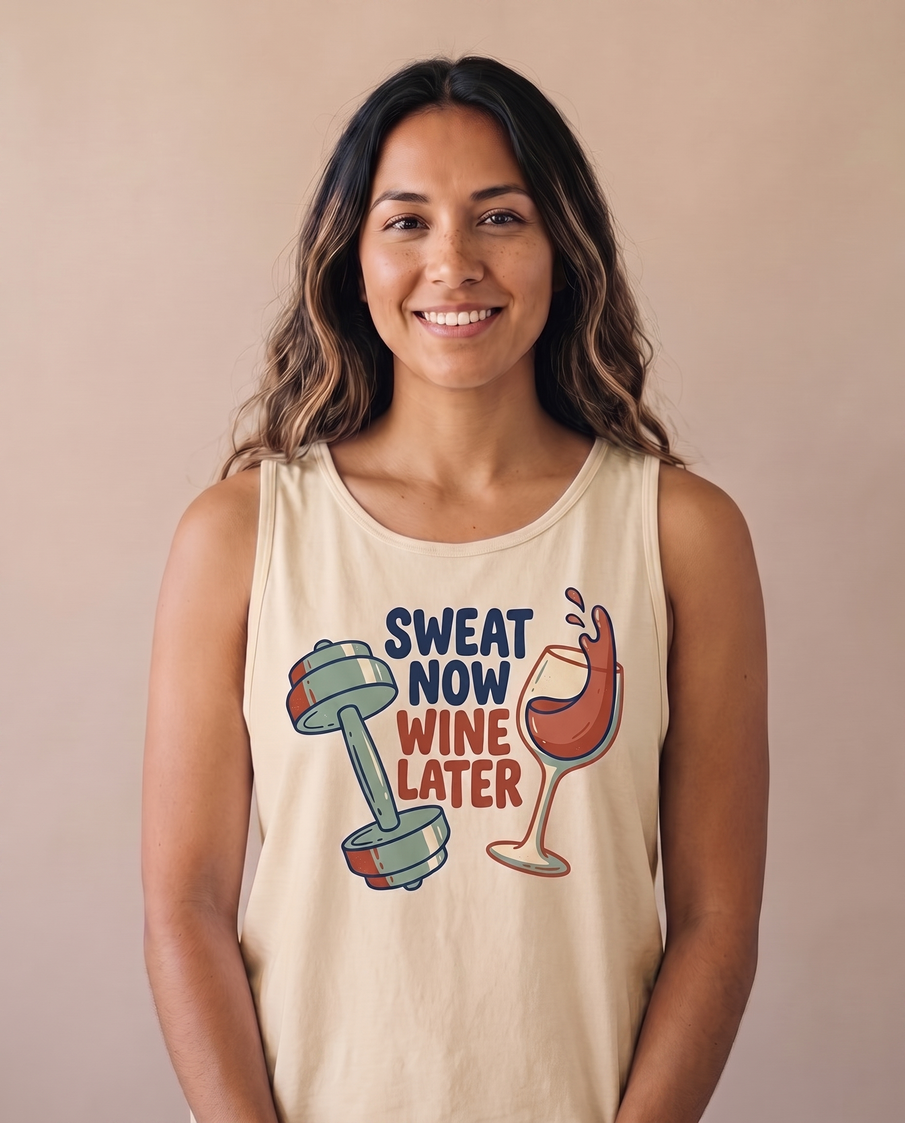 Sweat Now Wine Later Comfort Colors tank in Sandstone, stacked navy and rust lettering with dumbbell and wine glass print